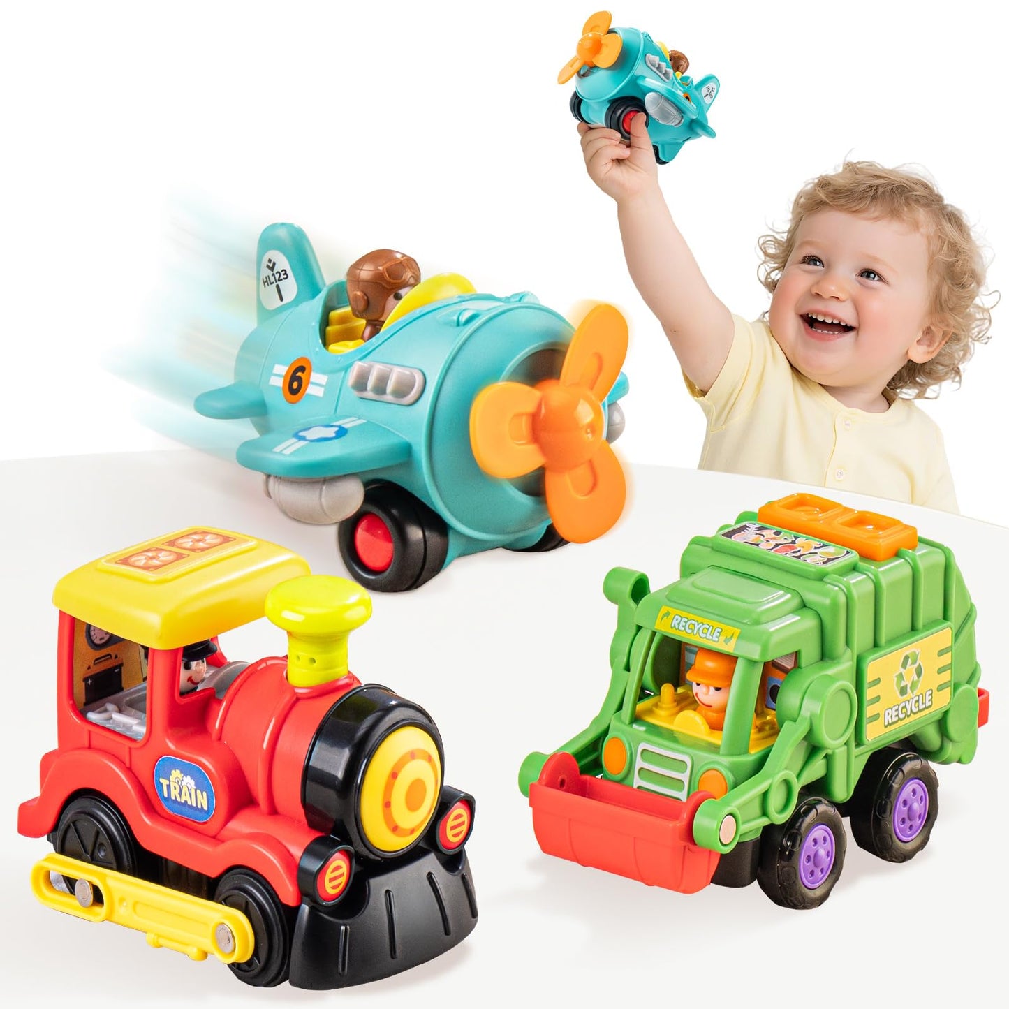 HOLA HuiLe Toys – 3-Piece Friction-Powered Trucks & Propeller Plane for Toddlers 1–3