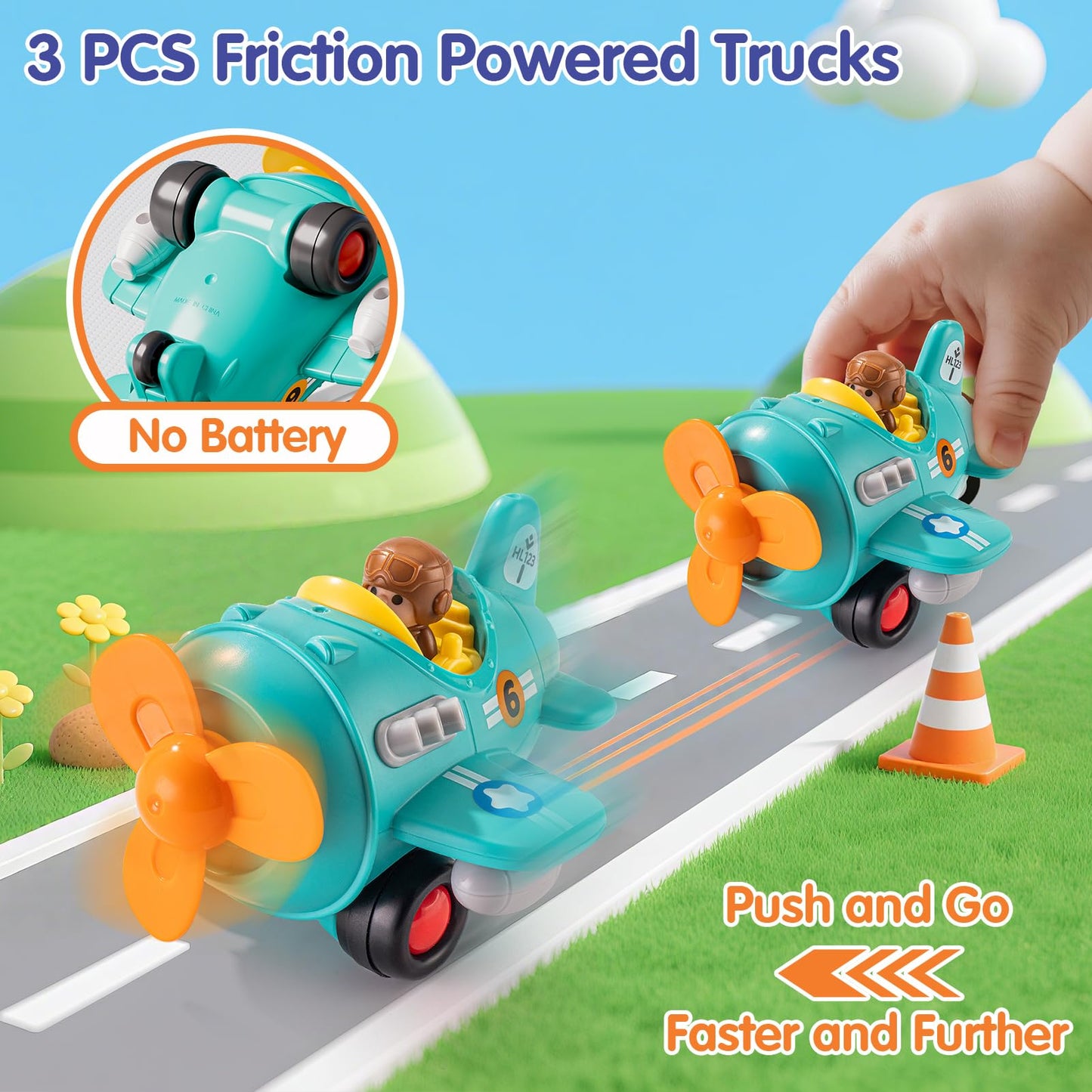 HOLA HuiLe Toys – 3-Piece Friction-Powered Trucks & Propeller Plane for Toddlers 1–3