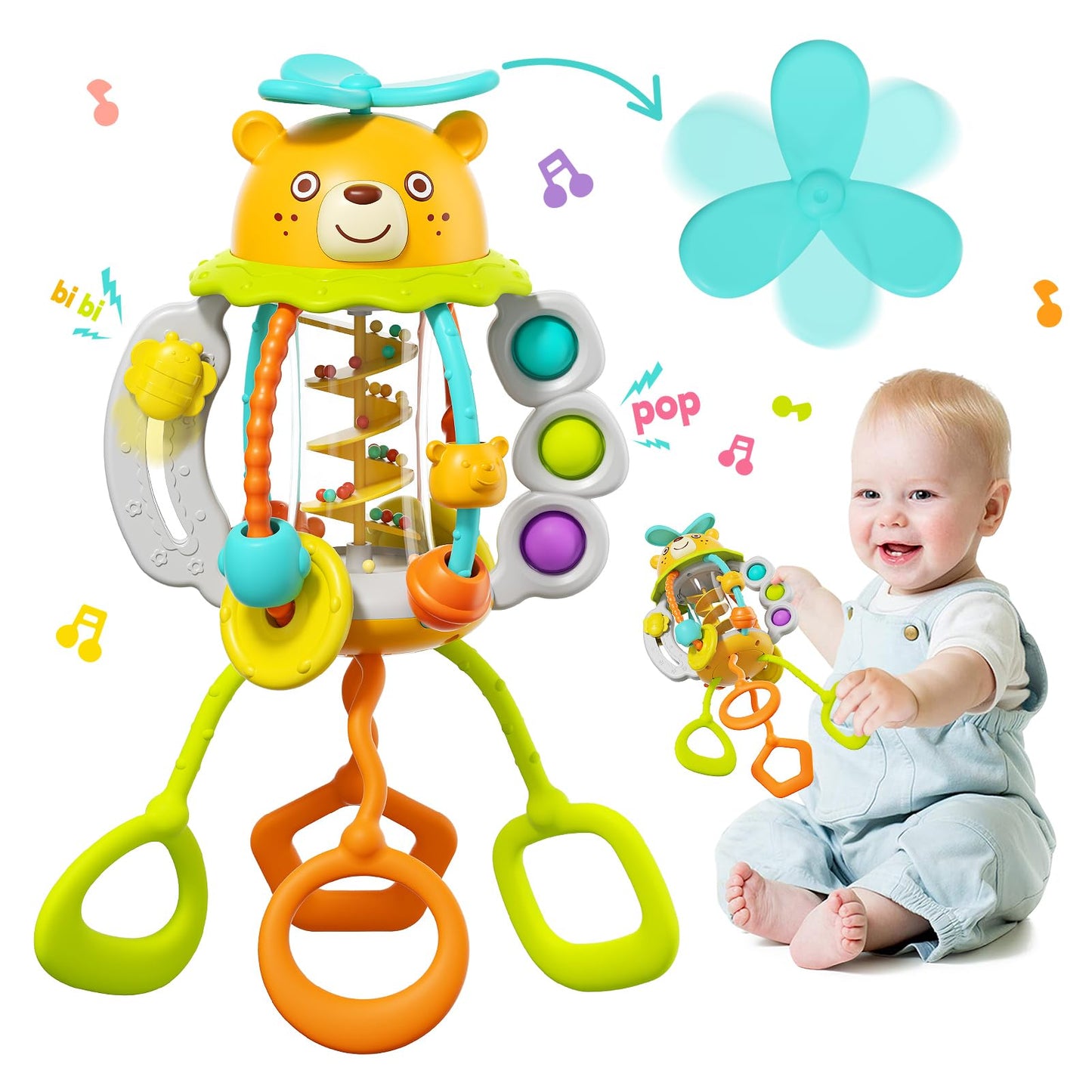 HOLA Montessori Toys for 1 Year Olds – Rattle Teether & Silicone Pull String Sensory Toy (0–12 Months) | Baby Gift Idea