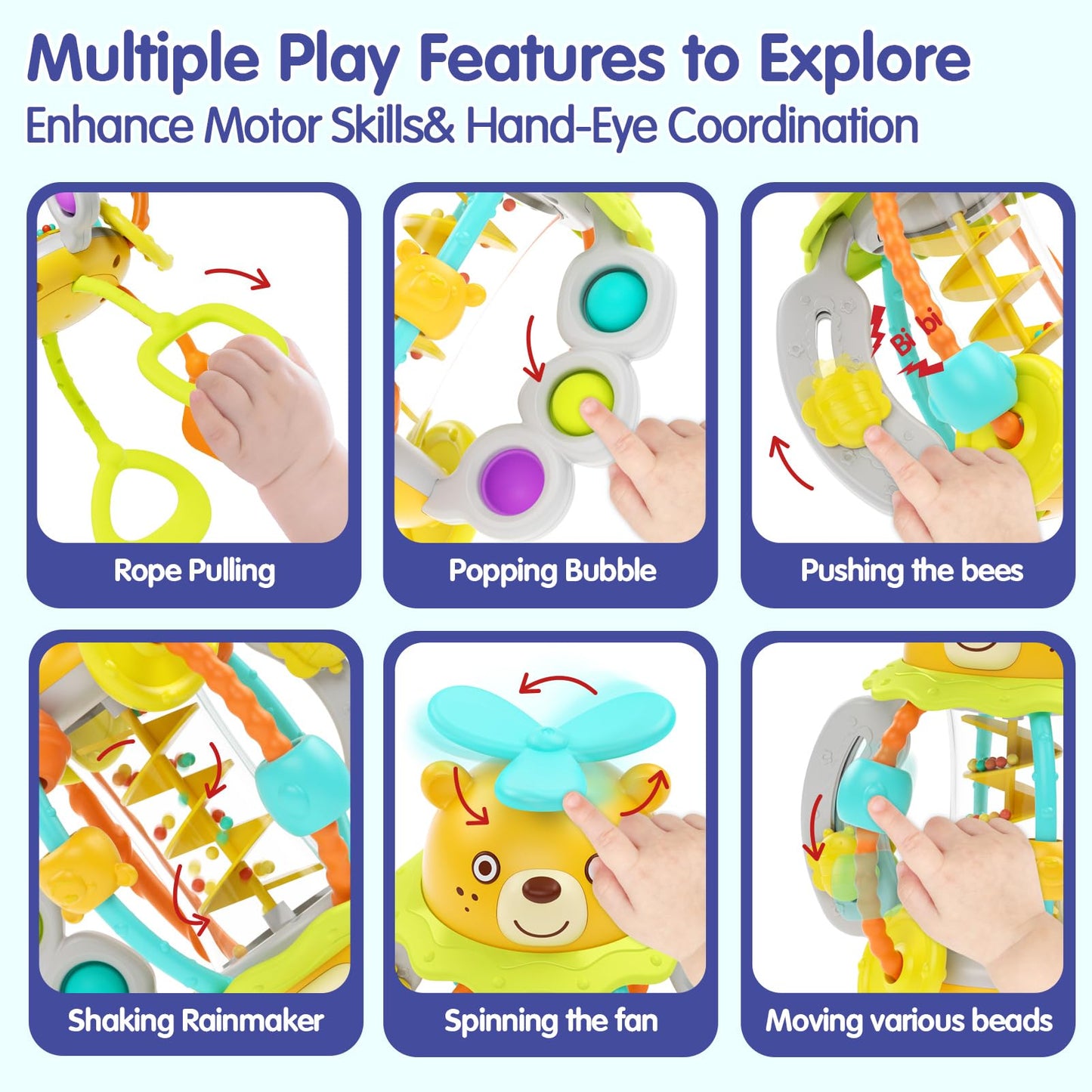 HOLA Montessori Toys for 1 Year Olds – Rattle Teether & Silicone Pull String Sensory Toy (0–12 Months) | Baby Gift Idea
