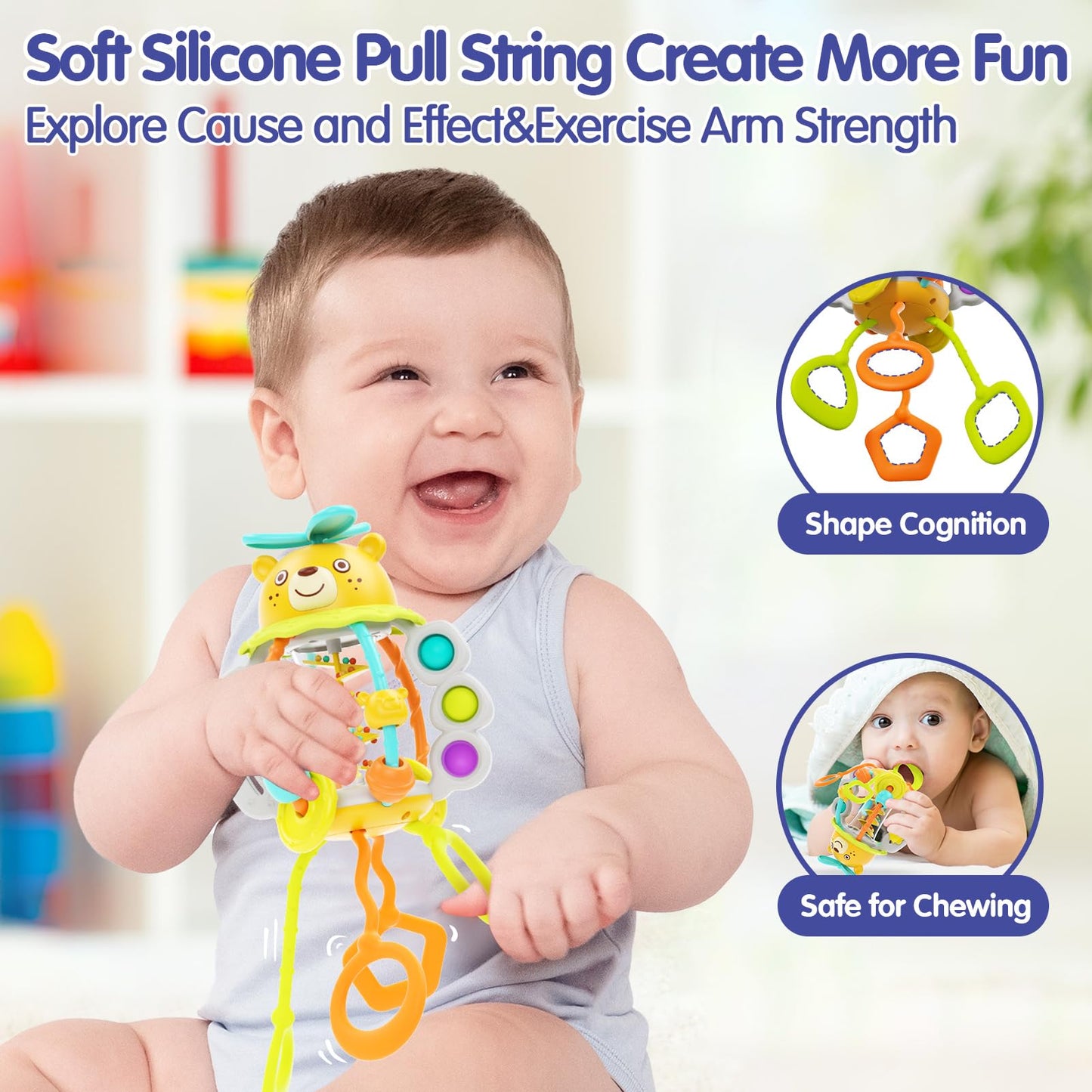 HOLA Montessori Toys for 1 Year Olds – Rattle Teether & Silicone Pull String Sensory Toy (0–12 Months) | Baby Gift Idea