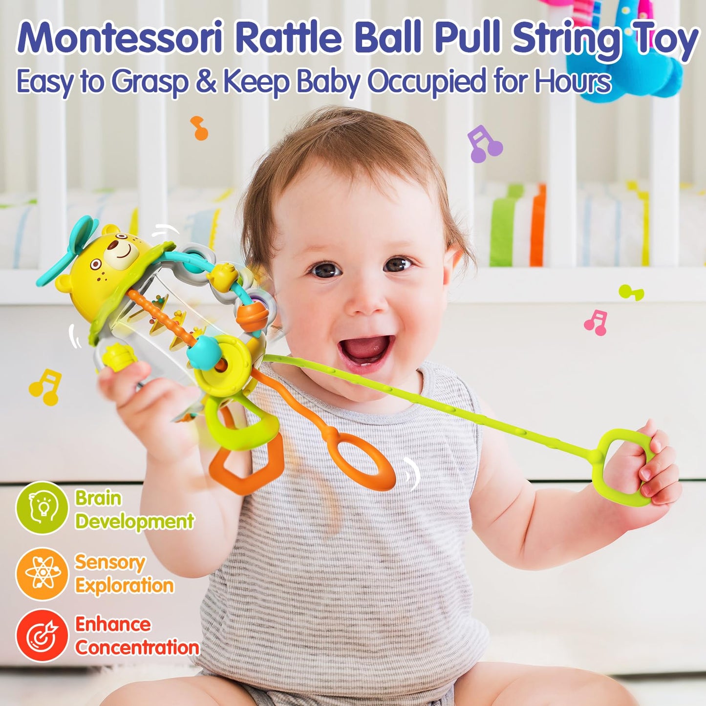 HOLA Montessori Toys for 1 Year Olds – Rattle Teether & Silicone Pull String Sensory Toy (0–12 Months) | Baby Gift Idea