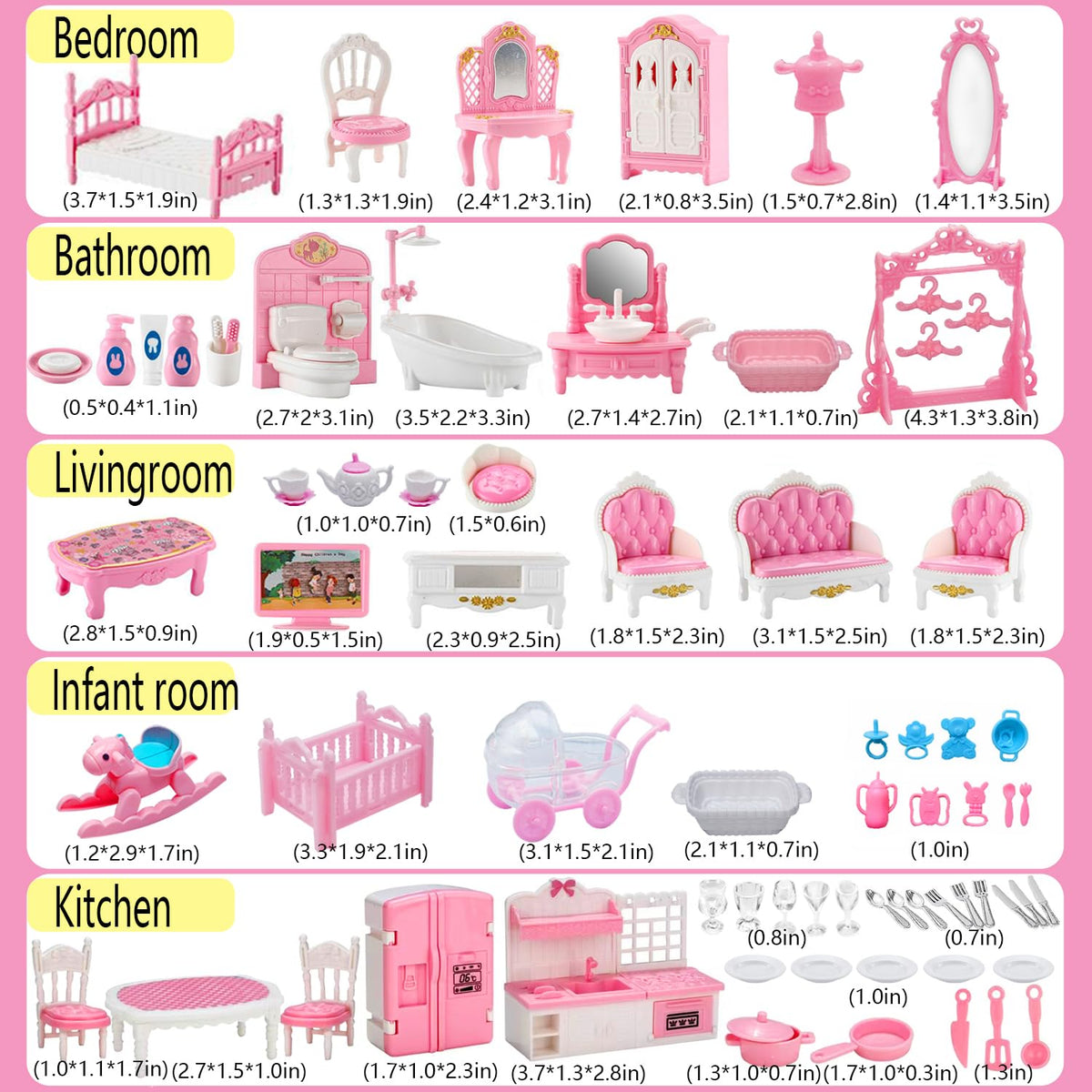 HOLABONITA 75-Piece Dollhouse Furniture Set for Imaginative Play