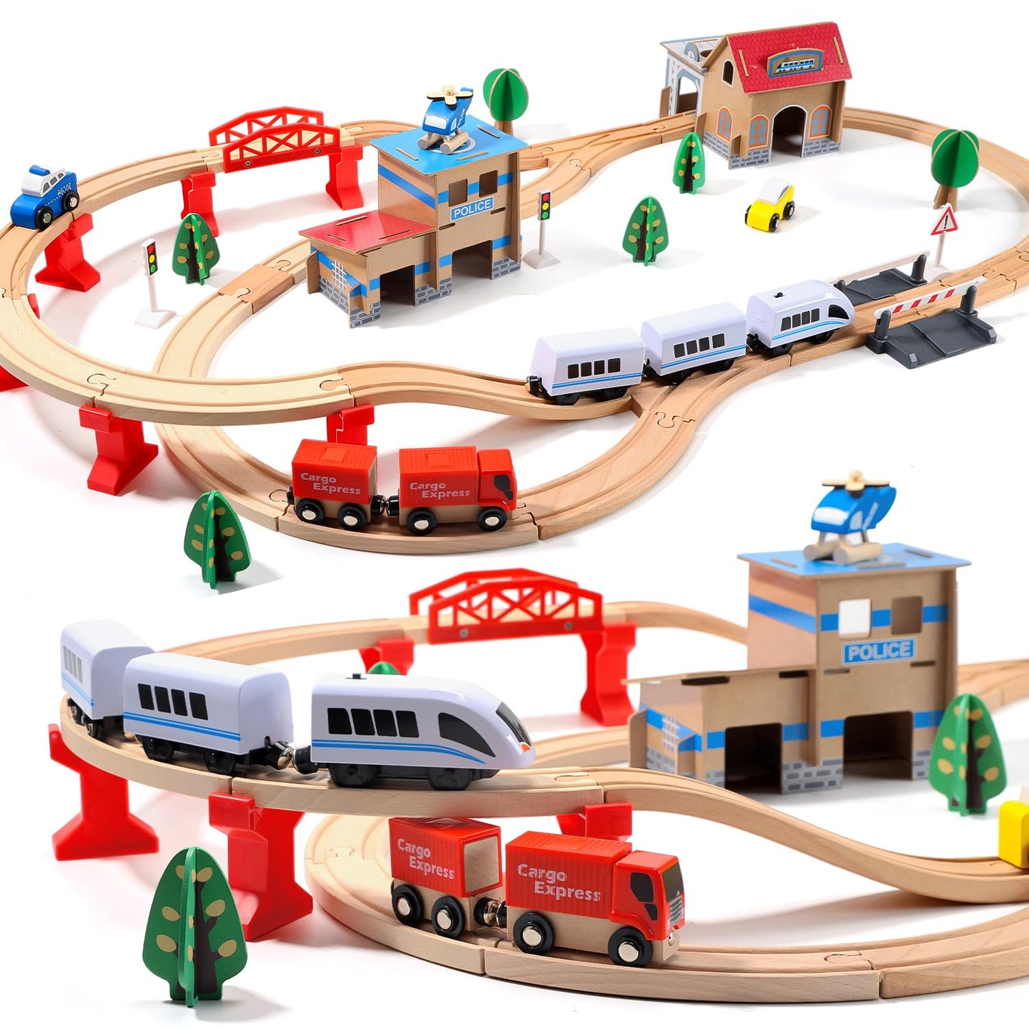 HOLYFUN Electric Toddler Wooden Train Set – 88-Piece Magnetic Track & Bridge
