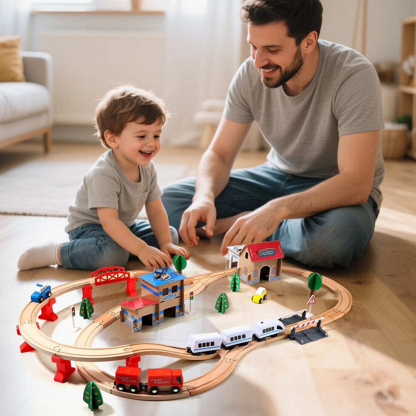 HOLYFUN Electric Toddler Wooden Train Set – 88-Piece Magnetic Track & Bridge