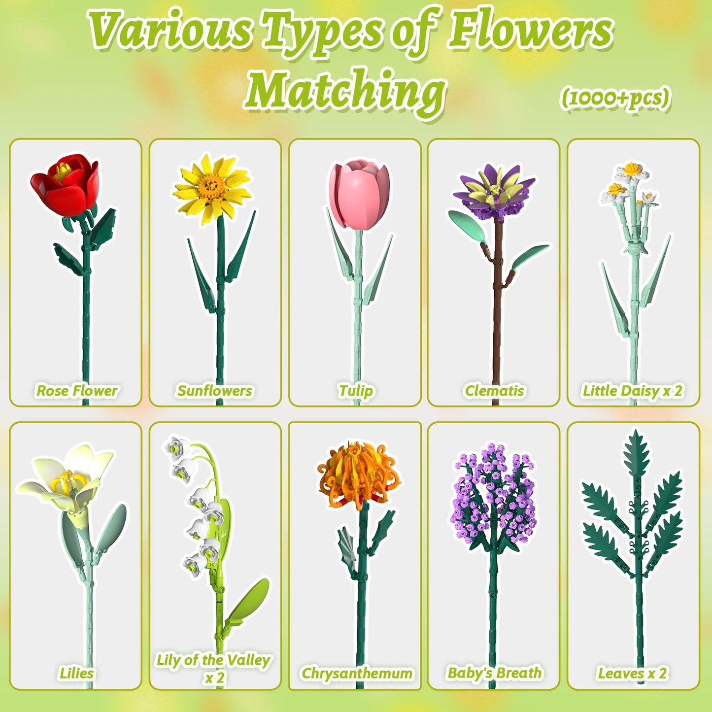 Holiky Flowers Bouquet Building Blocks Kit – 1000+ PCS DIY Flower Set (14+)