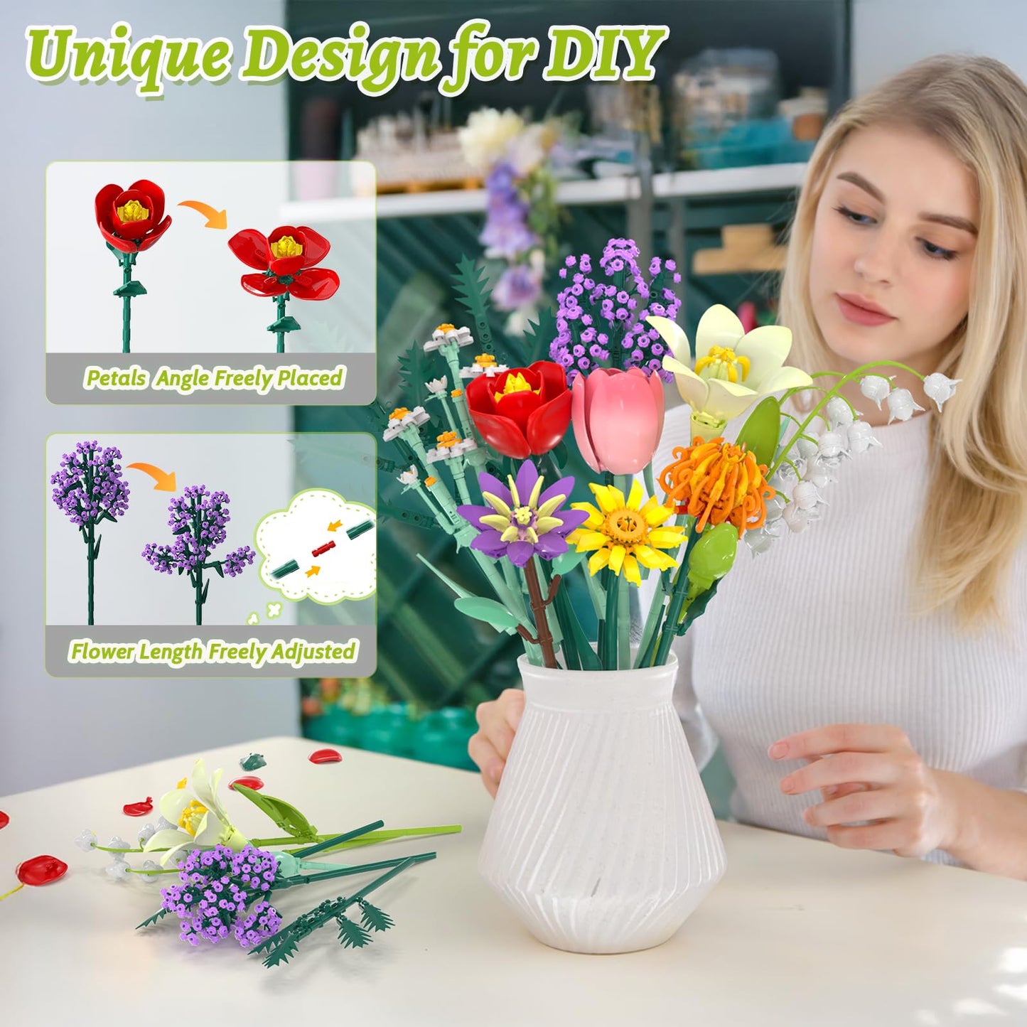 Holiky Flowers Bouquet Building Blocks Kit – 1000+ PCS DIY Flower Set (14+)