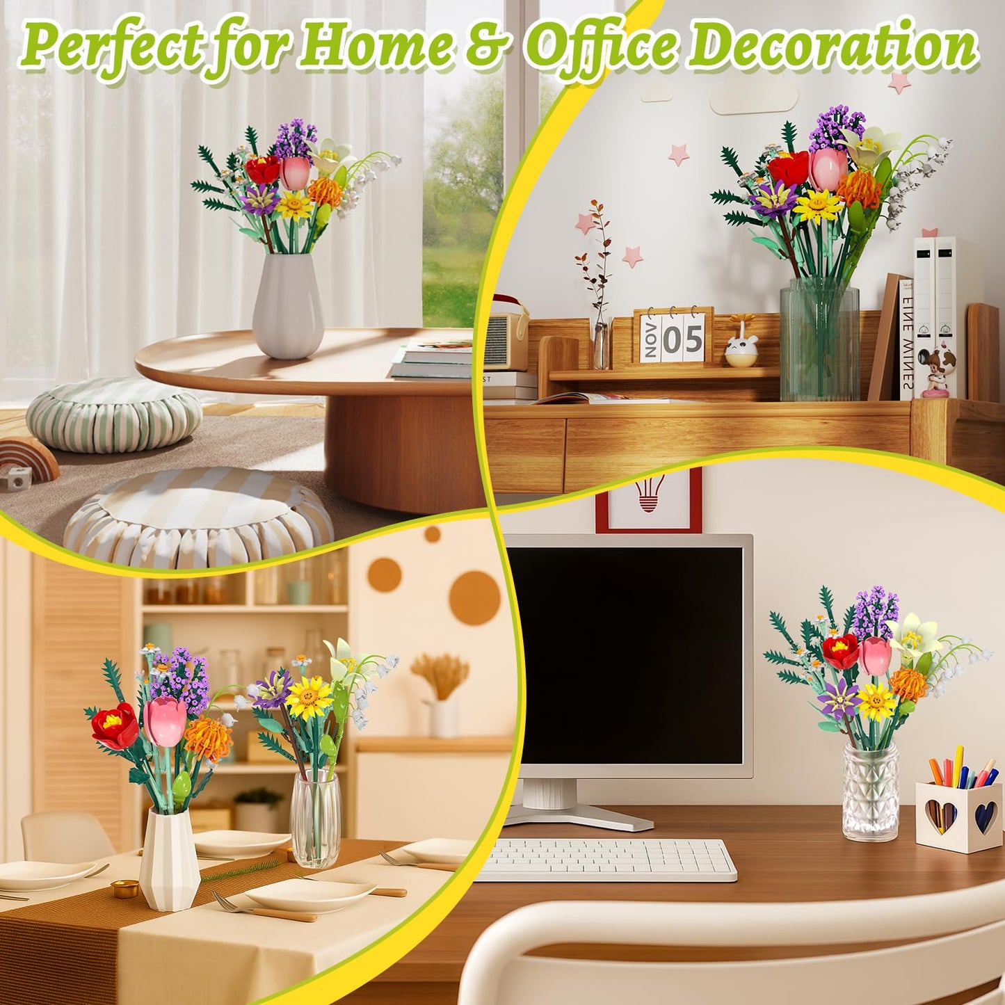 Holiky Flowers Bouquet Building Blocks Kit – 1000+ PCS DIY Flower Set (14+)