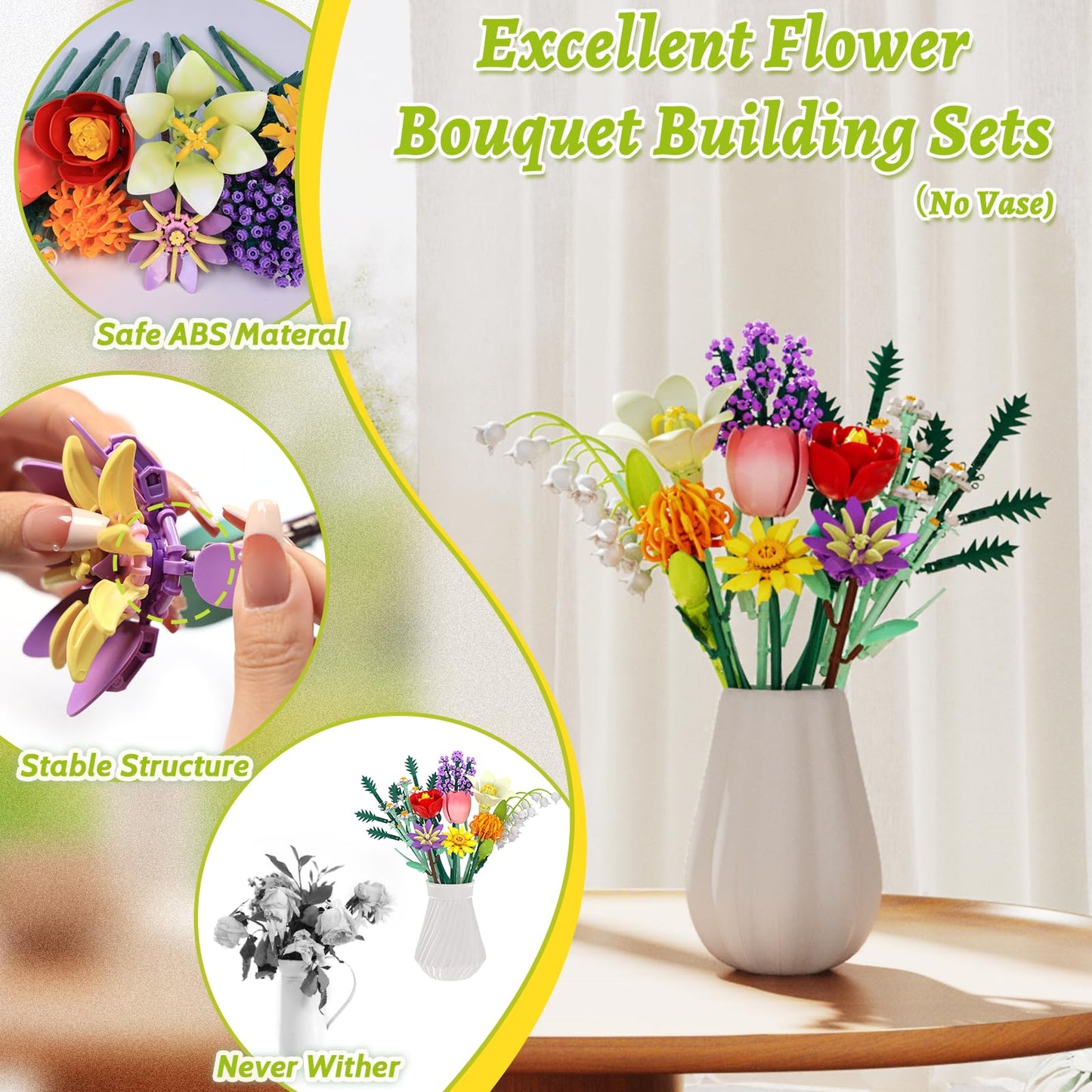 Holiky Flowers Bouquet Building Blocks Kit – 1000+ PCS DIY Flower Set (14+)