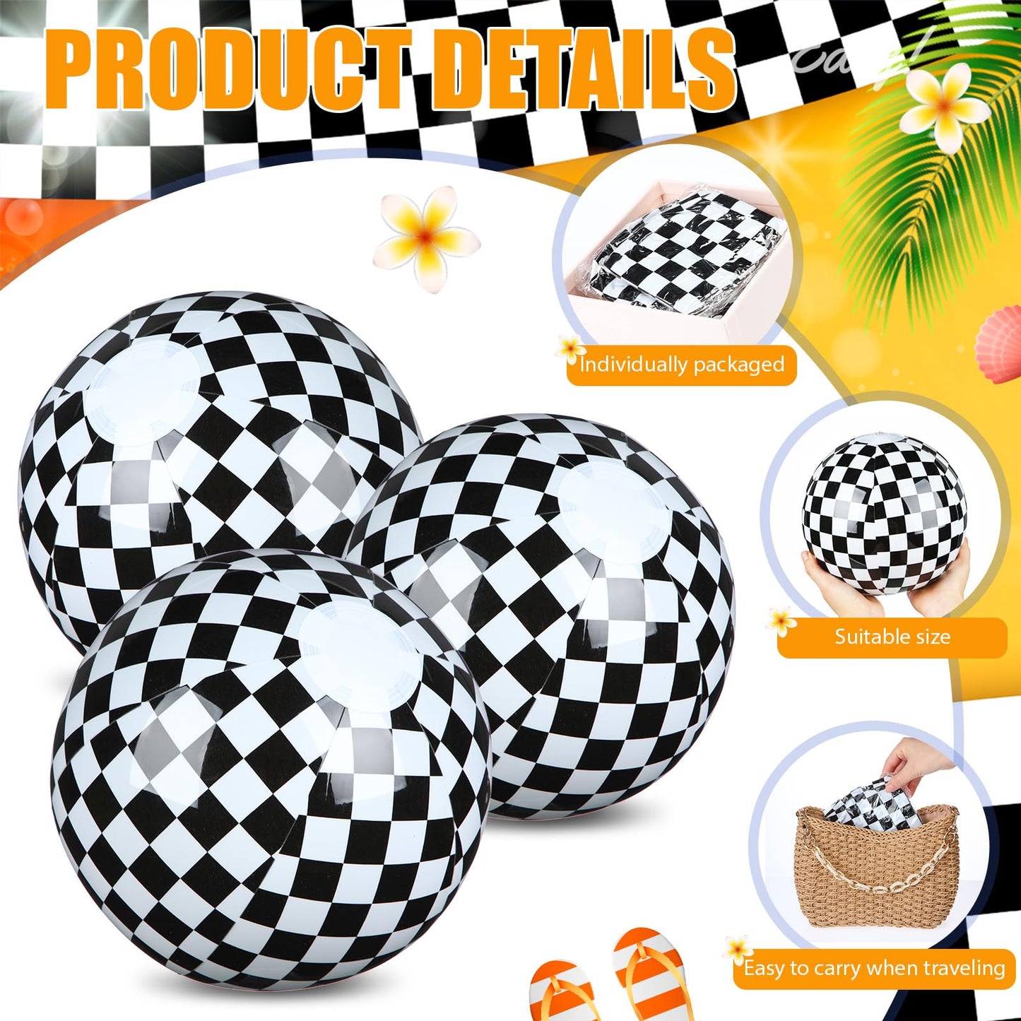 Hollowfly 12-Pack Checkered Flag Beach Balls – 7.87-Inch Diameter for Pool & Beach Fun