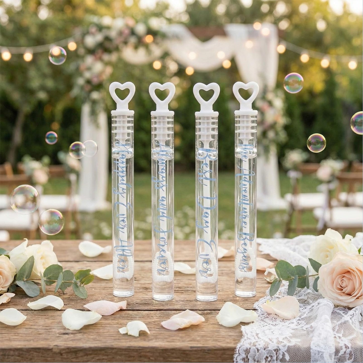 Hollowfly 60 Count Wedding Mini Bubble Wands – Heart Design (White/Blue)