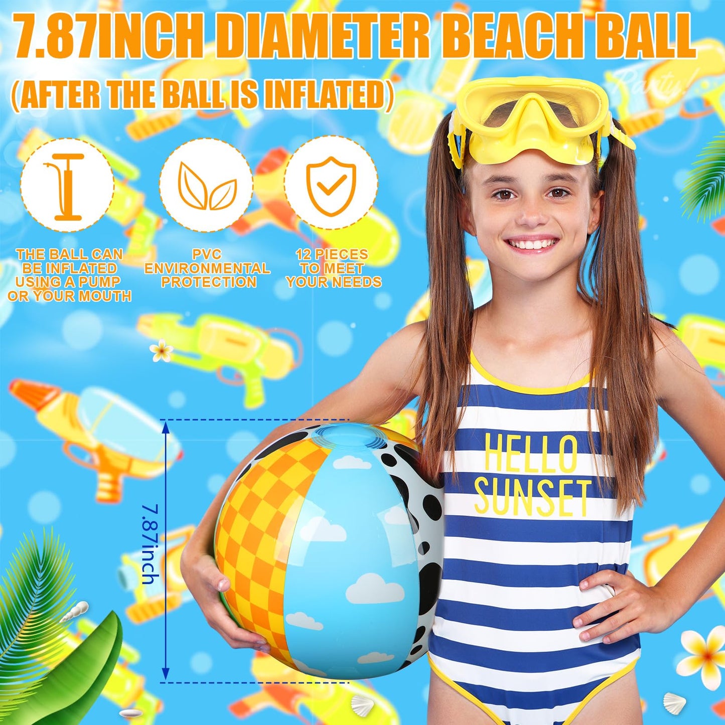 Hollowfly 12 Pack Themed Beach Balls – 7.87-Inch Toy Inspire Game Balls for Summer Pool & Beach
