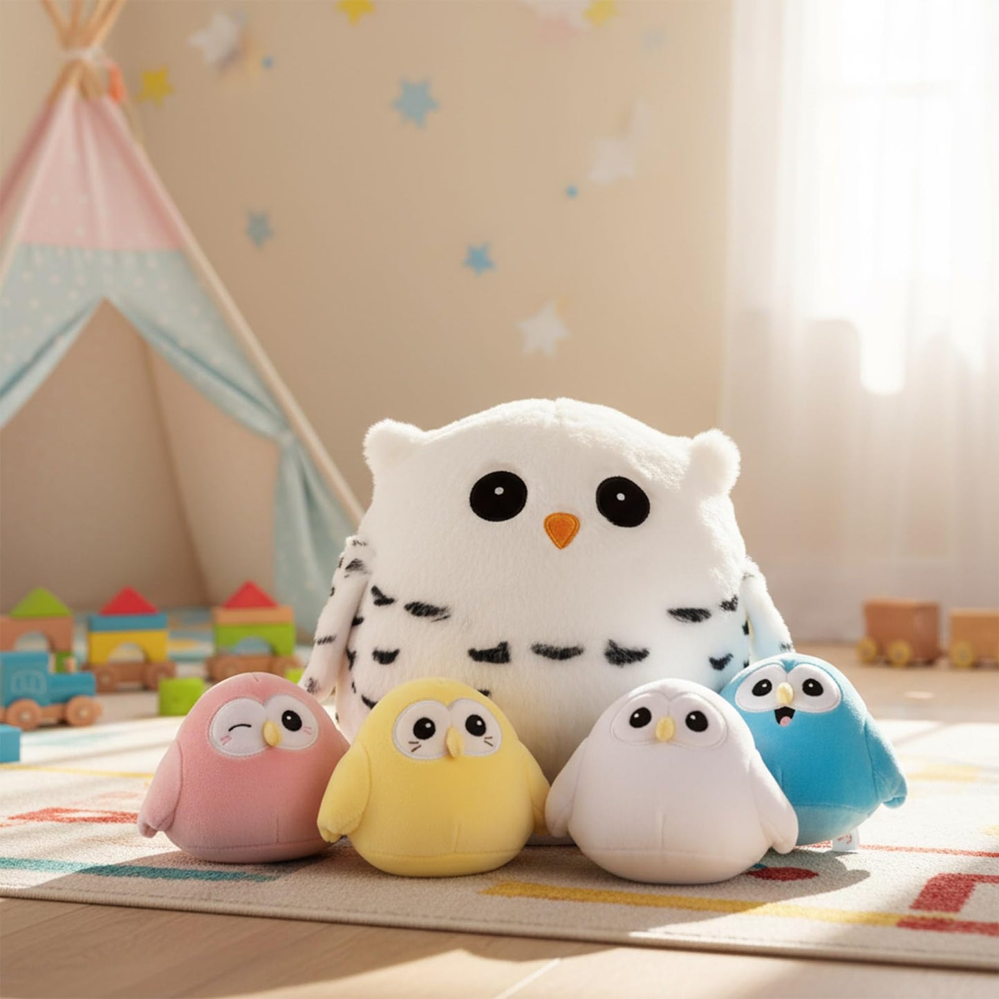 Hollowfly 5 Pcs Easter Owls Plush Toy Set – 9.5-inch Mommy Owl with 4 Pastel Babies