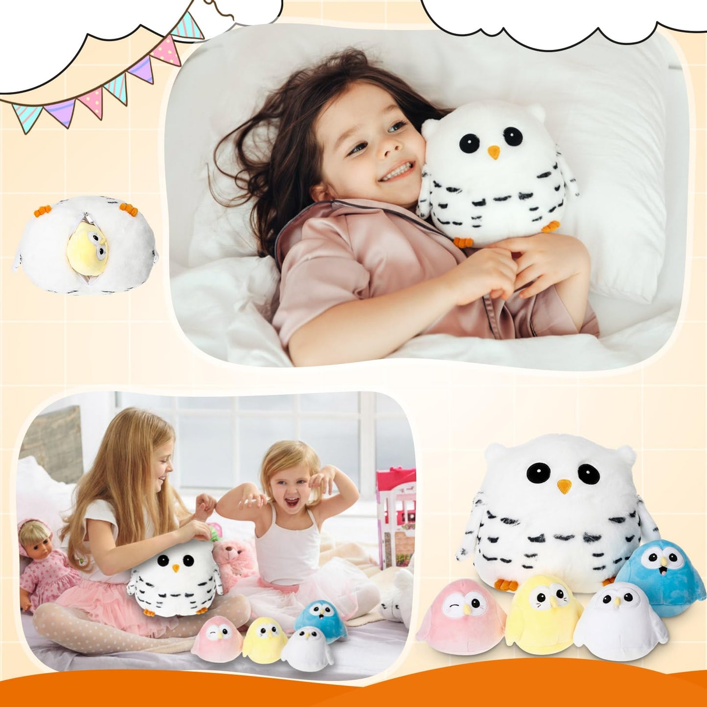 Hollowfly 5 Pcs Easter Owls Plush Toy Set – 9.5-inch Mommy Owl with 4 Pastel Babies