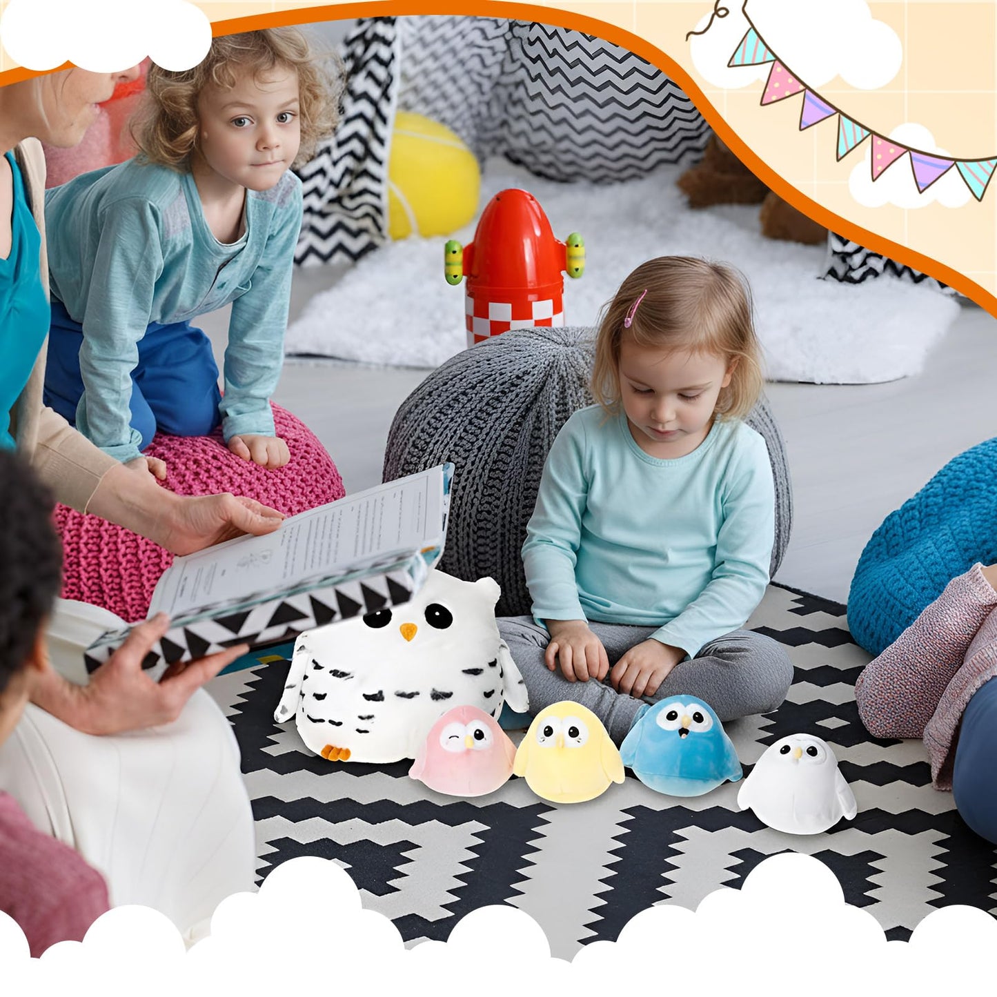 Hollowfly 5 Pcs Easter Owls Plush Toy Set – 9.5-inch Mommy Owl with 4 Pastel Babies