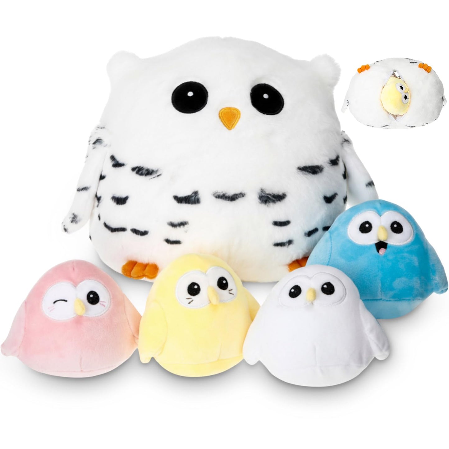Hollowfly 5 Pcs Easter Owls Plush Toy Set – 9.5-inch Mommy Owl with 4 Pastel Babies