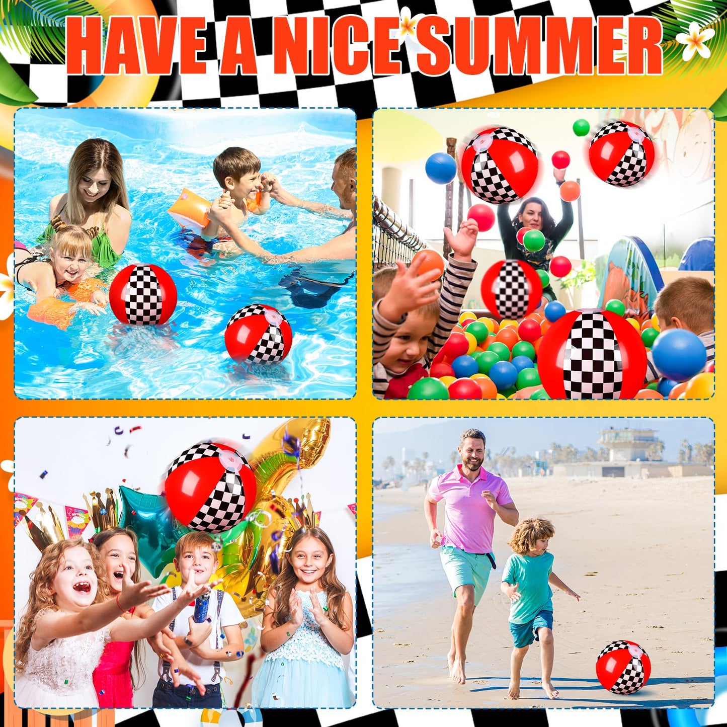 Hollowfly 12-Pack Black & White Checkered Flag Beach Balls – 7.87in for Summer Pool & Beach Games