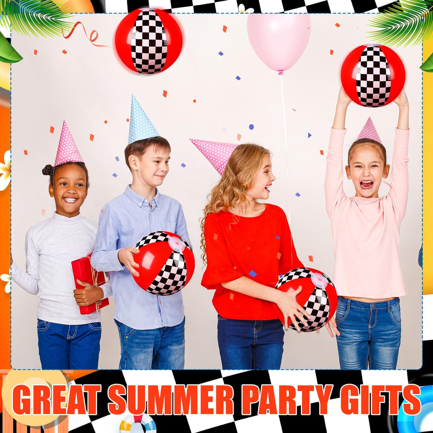 Hollowfly 12-Pack Black & White Checkered Flag Beach Balls – 7.87in for Summer Pool & Beach Games