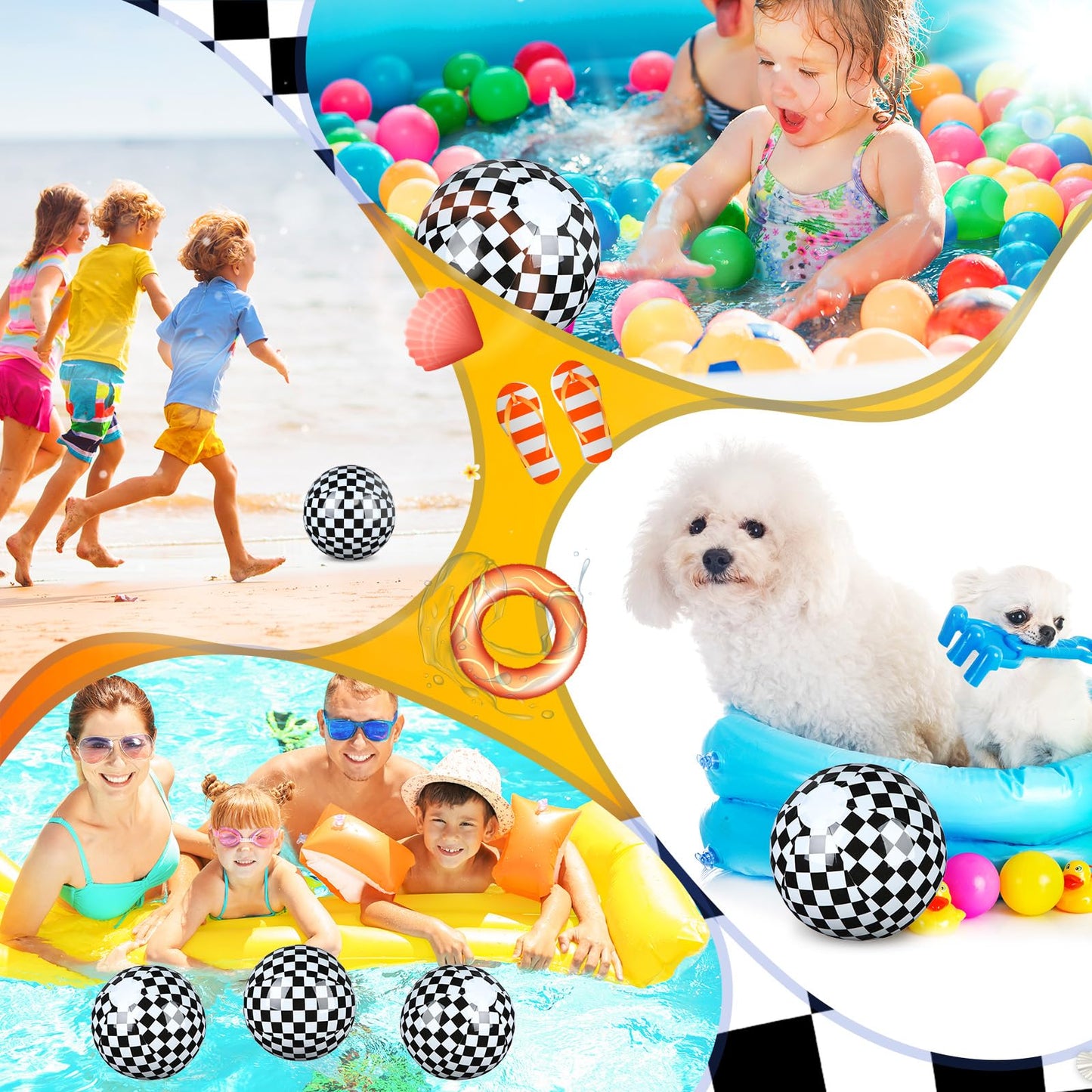 Hollowfly 12-Pack Checkered Flag Beach Balls – 7.87-Inch Diameter for Pool & Beach Fun