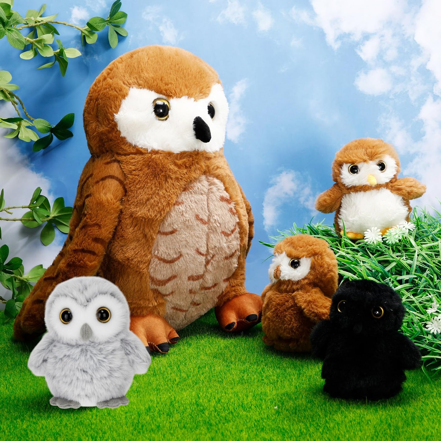 Hollowfly 5 Pcs Owls Plush Toy Gift Set – 13.4-inch Mommy Barn Owl with 4 Baby Owls