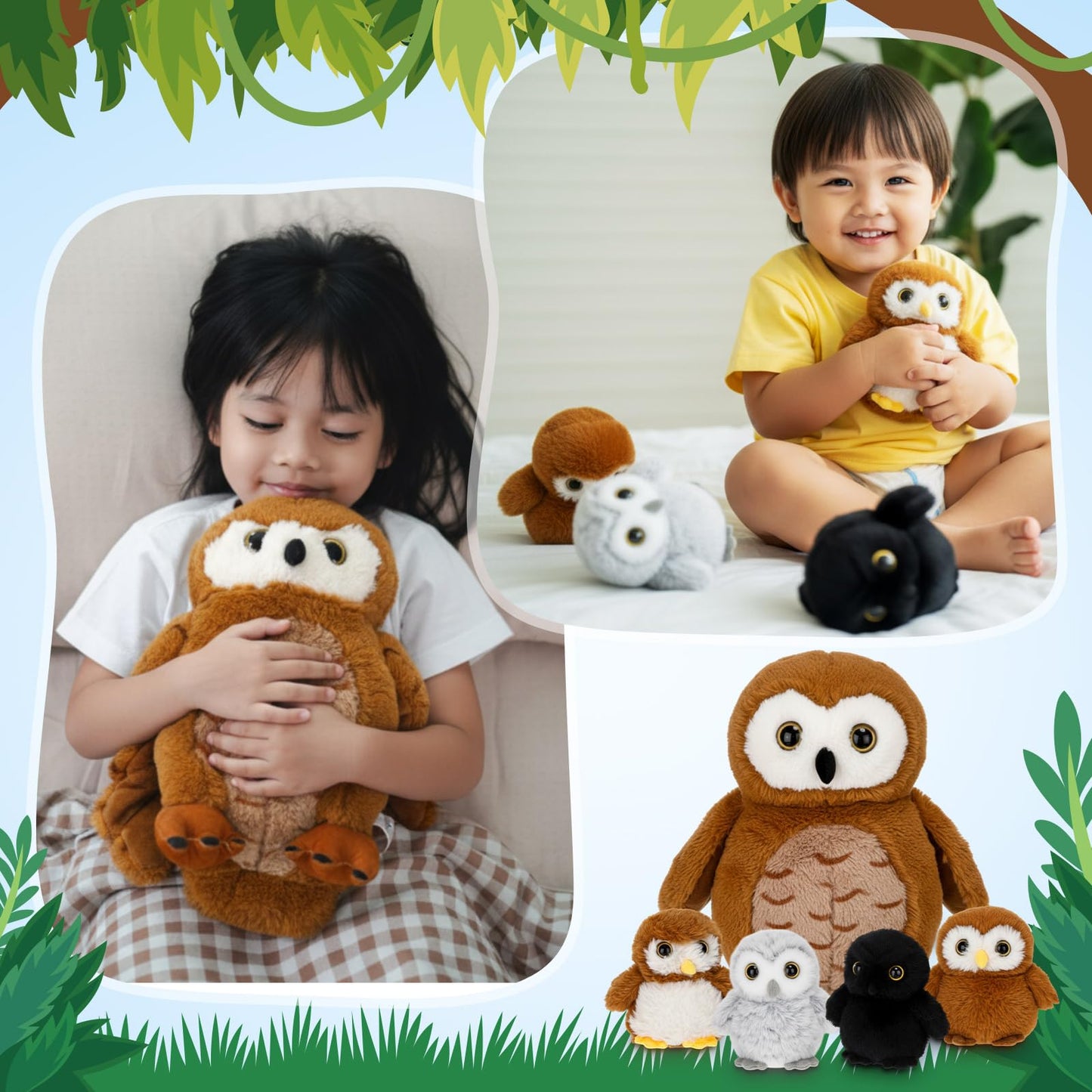 Hollowfly 5 Pcs Owls Plush Toy Gift Set – 13.4-inch Mommy Barn Owl with 4 Baby Owls