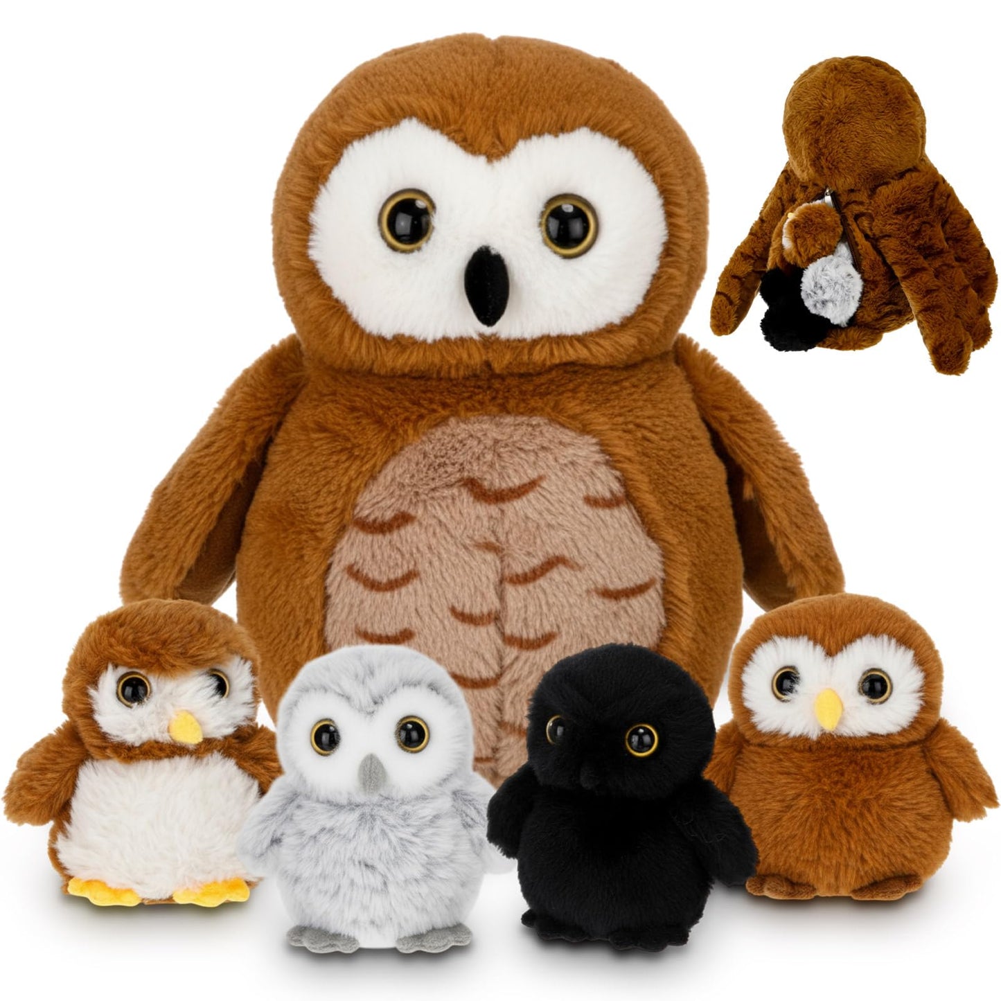 Hollowfly 5 Pcs Owls Plush Toy Gift Set – 13.4-inch Mommy Barn Owl with 4 Baby Owls