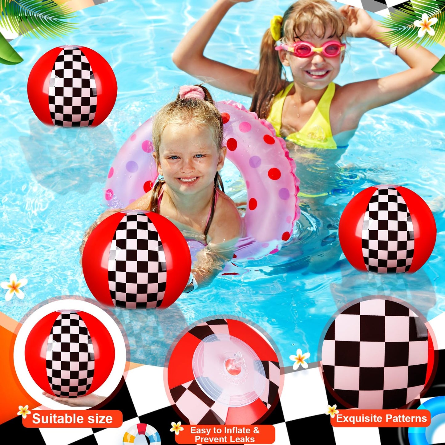 Hollowfly 12-Pack Black & White Checkered Flag Beach Balls – 7.87in for Summer Pool & Beach Games