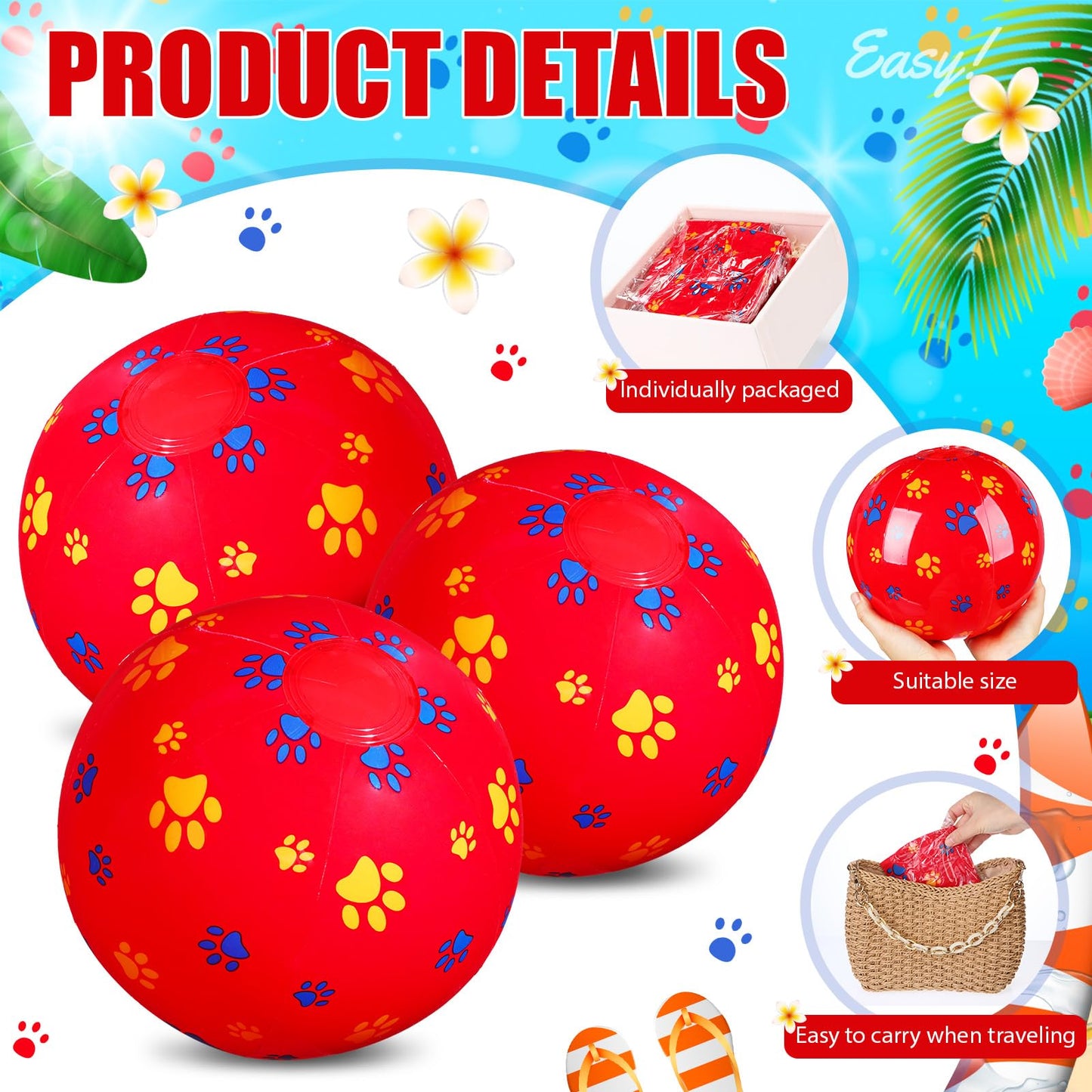 Hollowfly 12 Pack Red Dog Paw Beach Balls - 7.87-Inch Inflatable PVC Pool Toys Bulk