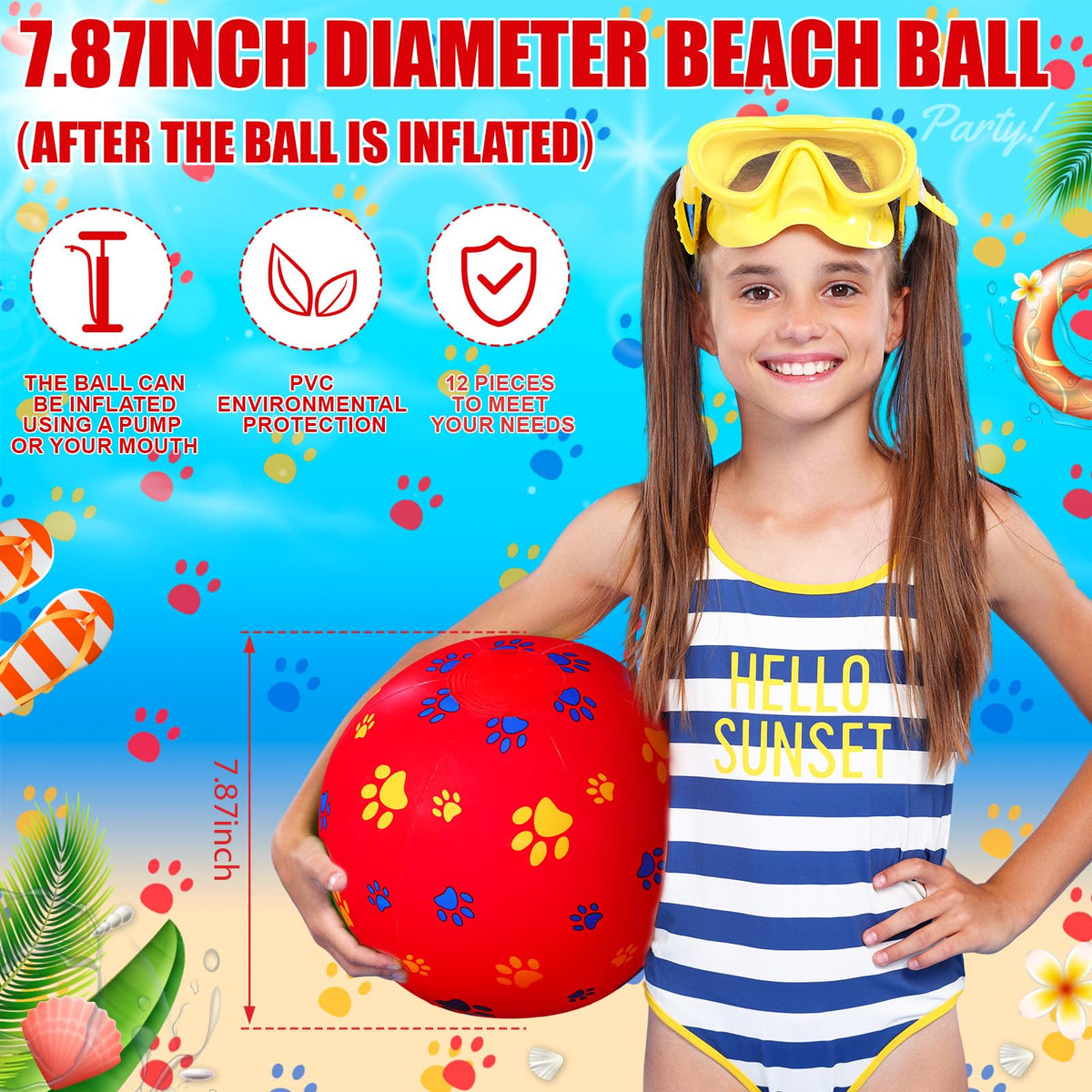 Hollowfly 12 Pack Red Dog Paw Beach Balls - 7.87-Inch Inflatable PVC Pool Toys Bulk