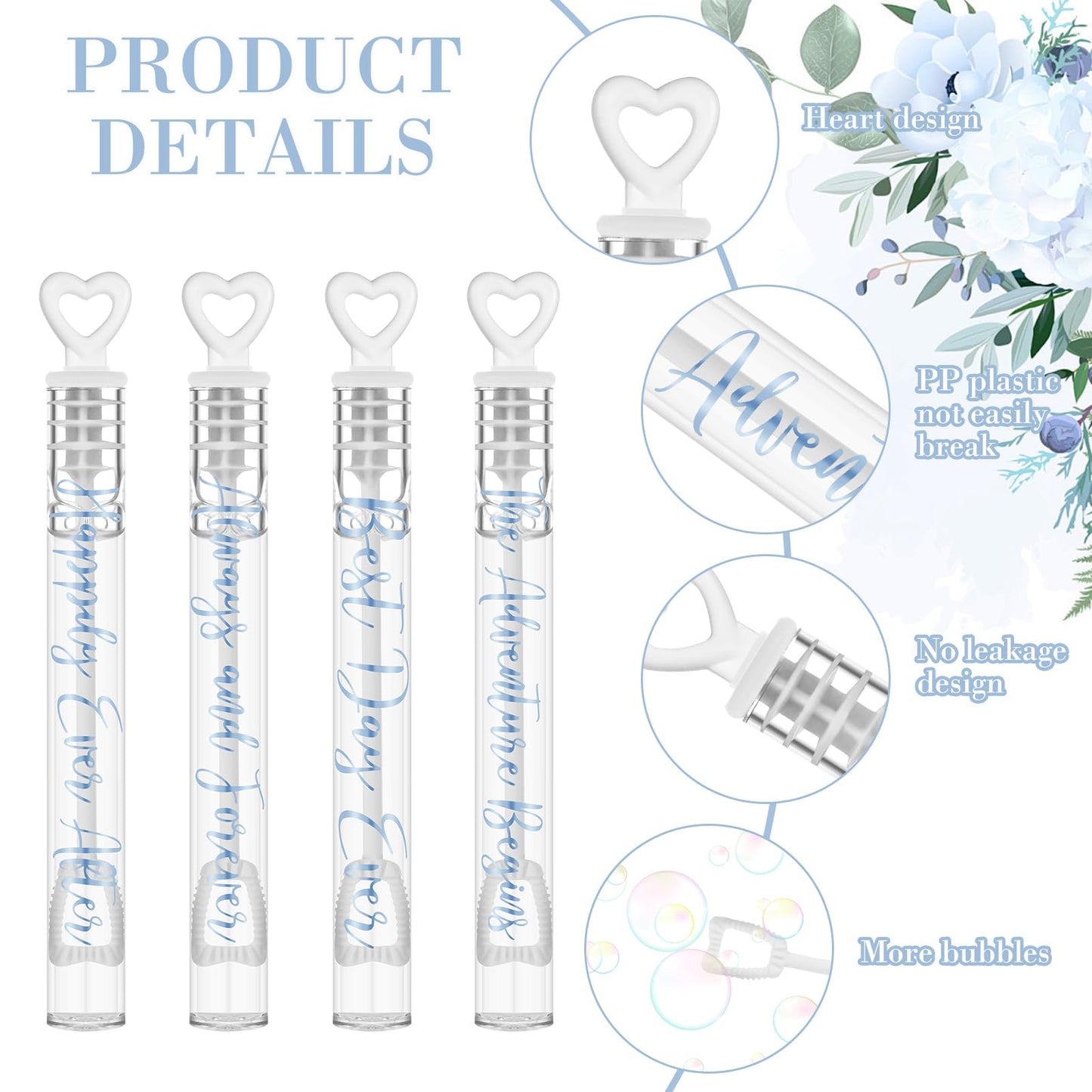 Hollowfly 60 Count Wedding Mini Bubble Wands – Heart Design (White/Blue)