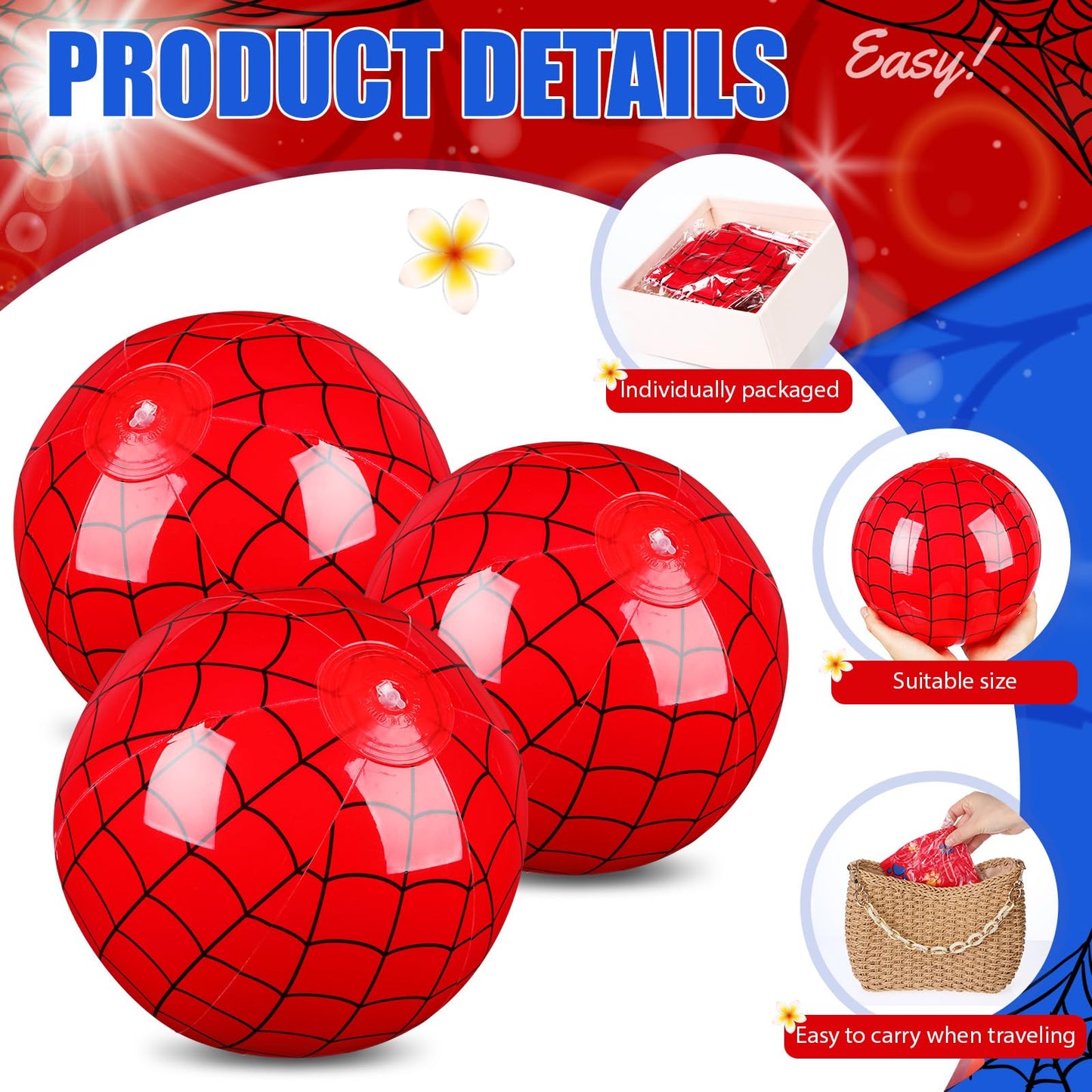 Hollowfly 12 Pack Spider Web Beach Ball – 7.87-inch Blue & Red Pool Party Toys