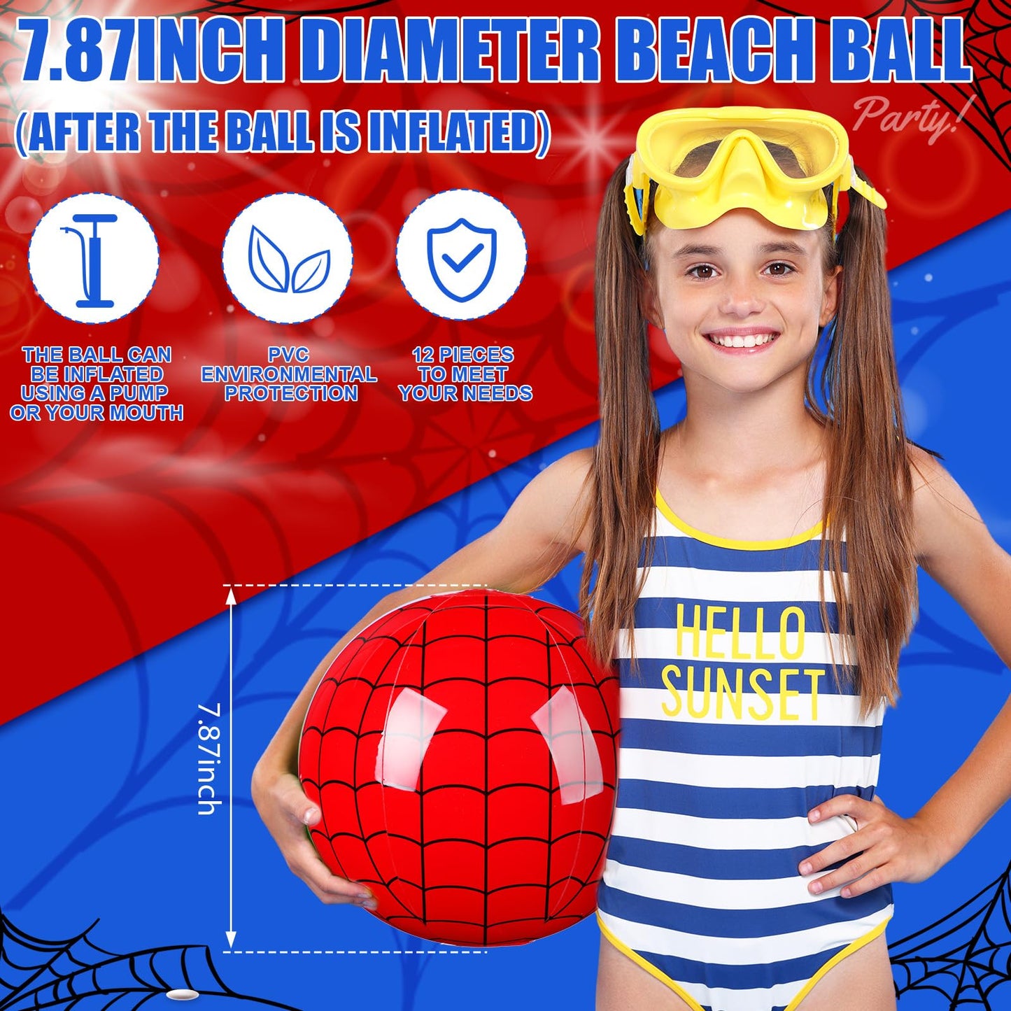 Hollowfly 12 Pack Spider Web Beach Ball – 7.87-inch Blue & Red Pool Party Toys