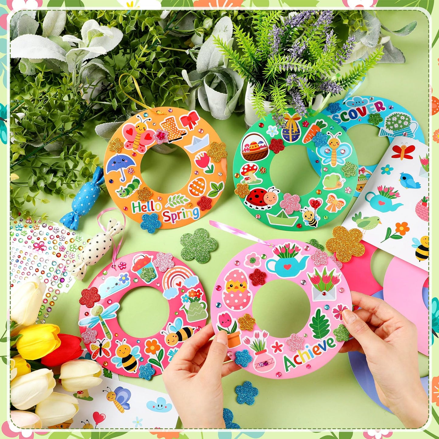 Hollowfly 48 Sets Spring Wreath Craft Kit – DIY Wreaths & Party Favors