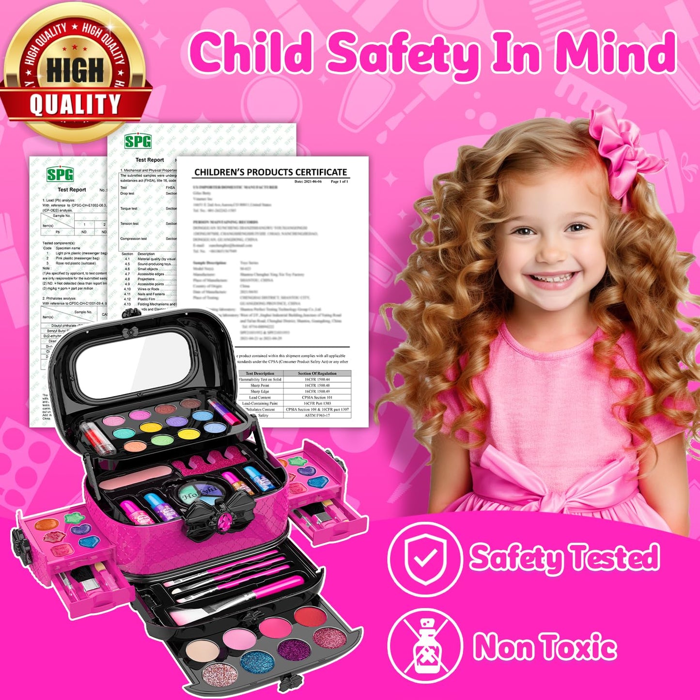Hollyhi 58 Pcs Kids Makeup Kit – Rose, Washable Play Makeup Set for Girls