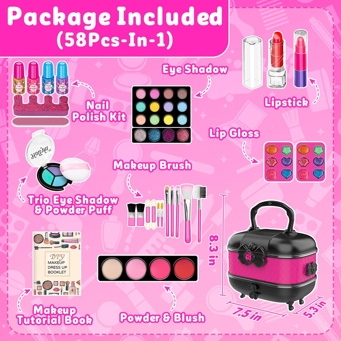 Hollyhi 58 Pcs Kids Makeup Kit – Rose, Washable Play Makeup Set for Girls