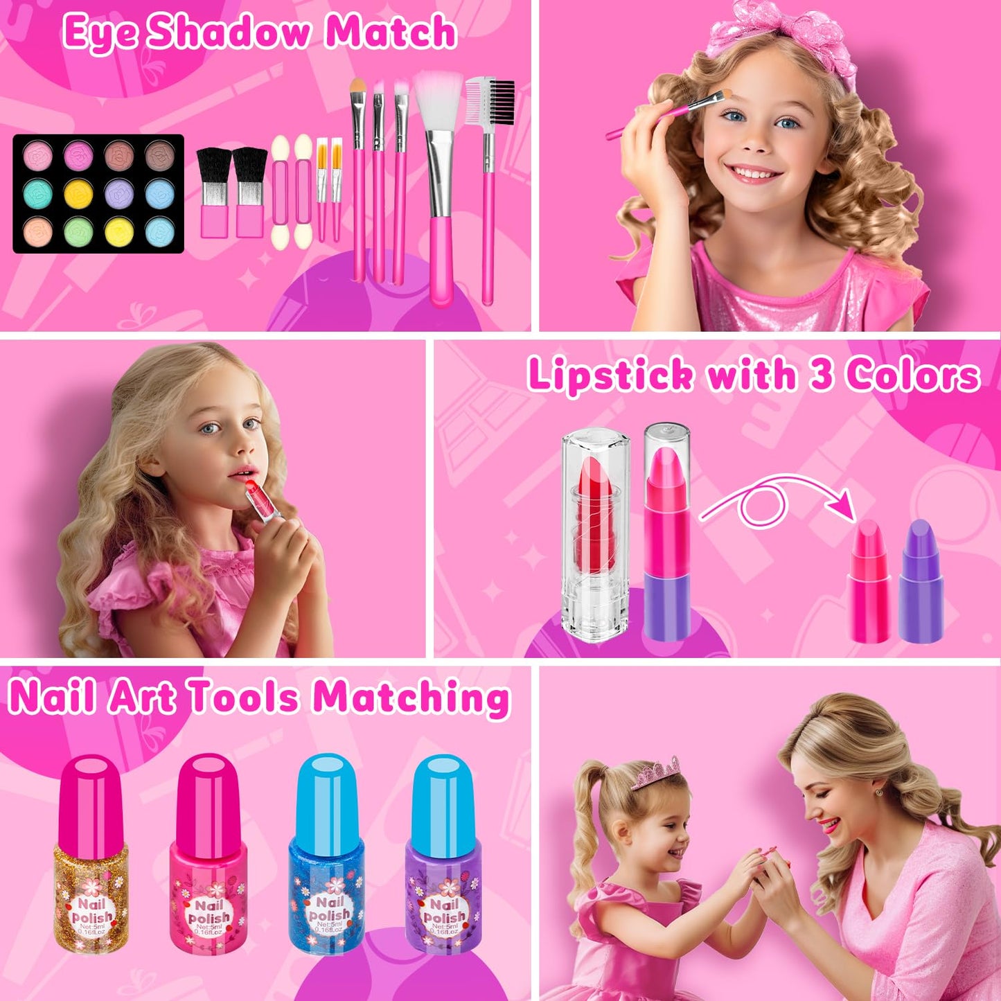 Hollyhi 58 Pcs Kids Makeup Kit – Rose, Washable Play Makeup Set for Girls