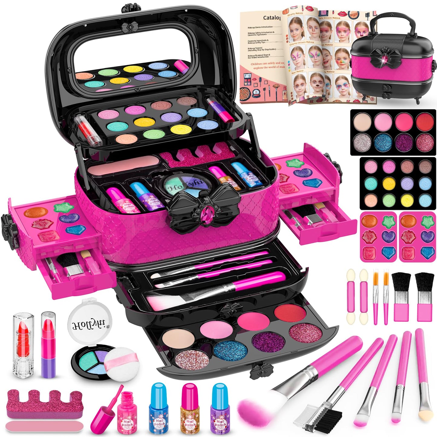 Hollyhi 58 Pcs Kids Makeup Kit – Rose, Washable Play Makeup Set for Girls