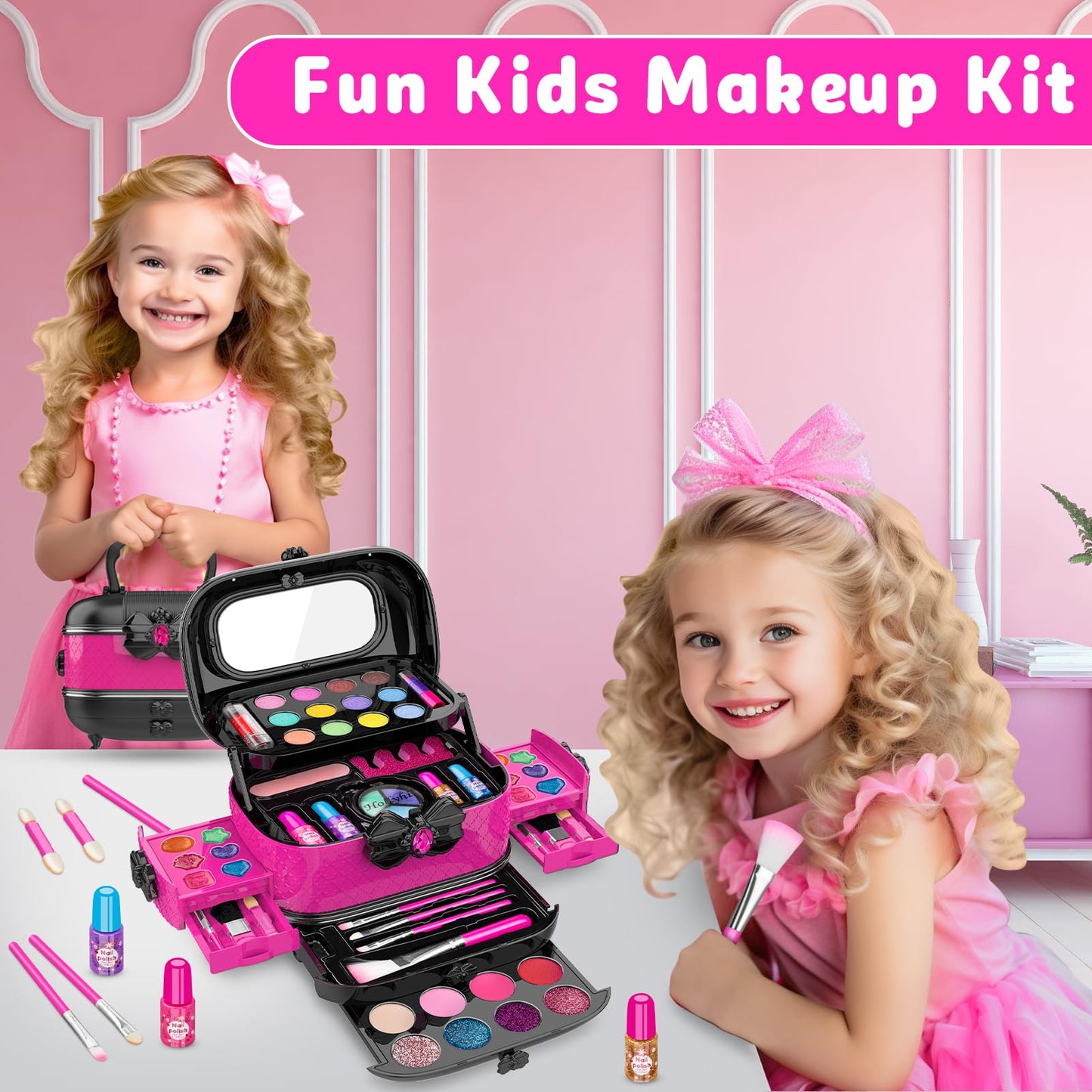 Hollyhi 58 Pcs Kids Makeup Kit – Rose, Washable Play Makeup Set for Girls