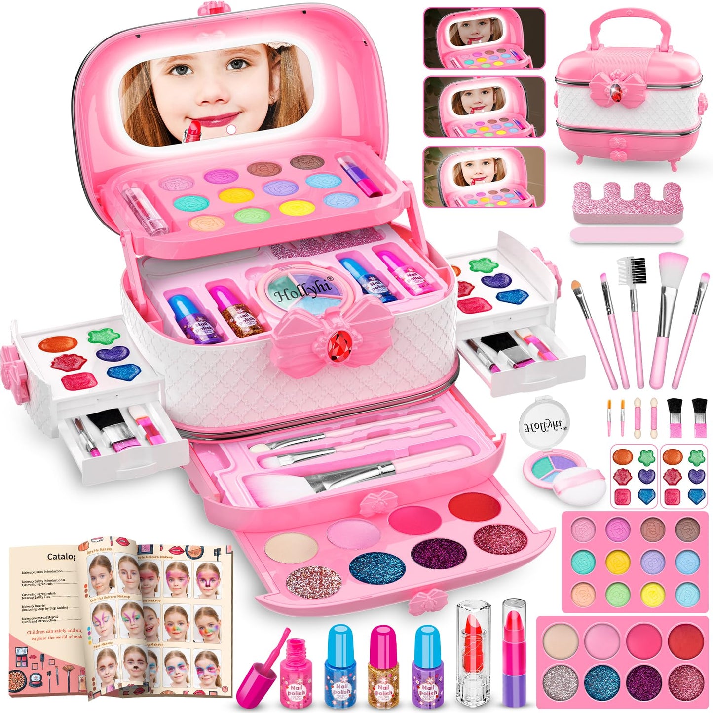 Hollyhi 58Pcs Kids Makeup Kit with Light Up Mirror – Safe, Washable Toy Set for Girls (Pink)