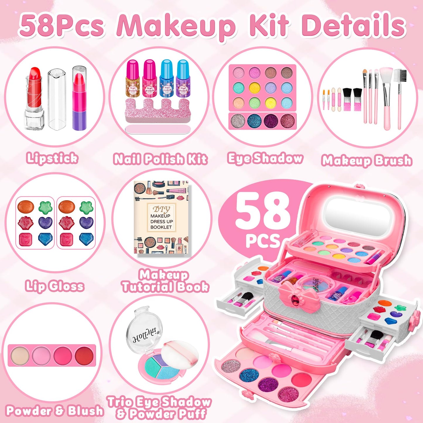 Hollyhi 58Pcs Kids Makeup Kit with Light Up Mirror – Safe, Washable Toy Set for Girls (Pink)
