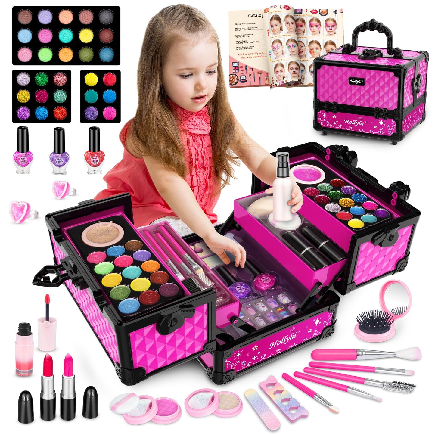 Hollyhi 59 Pcs Kids Makeup Kit – Washable Dress-Up Set for Girls 3–12 with Cosmetic Case