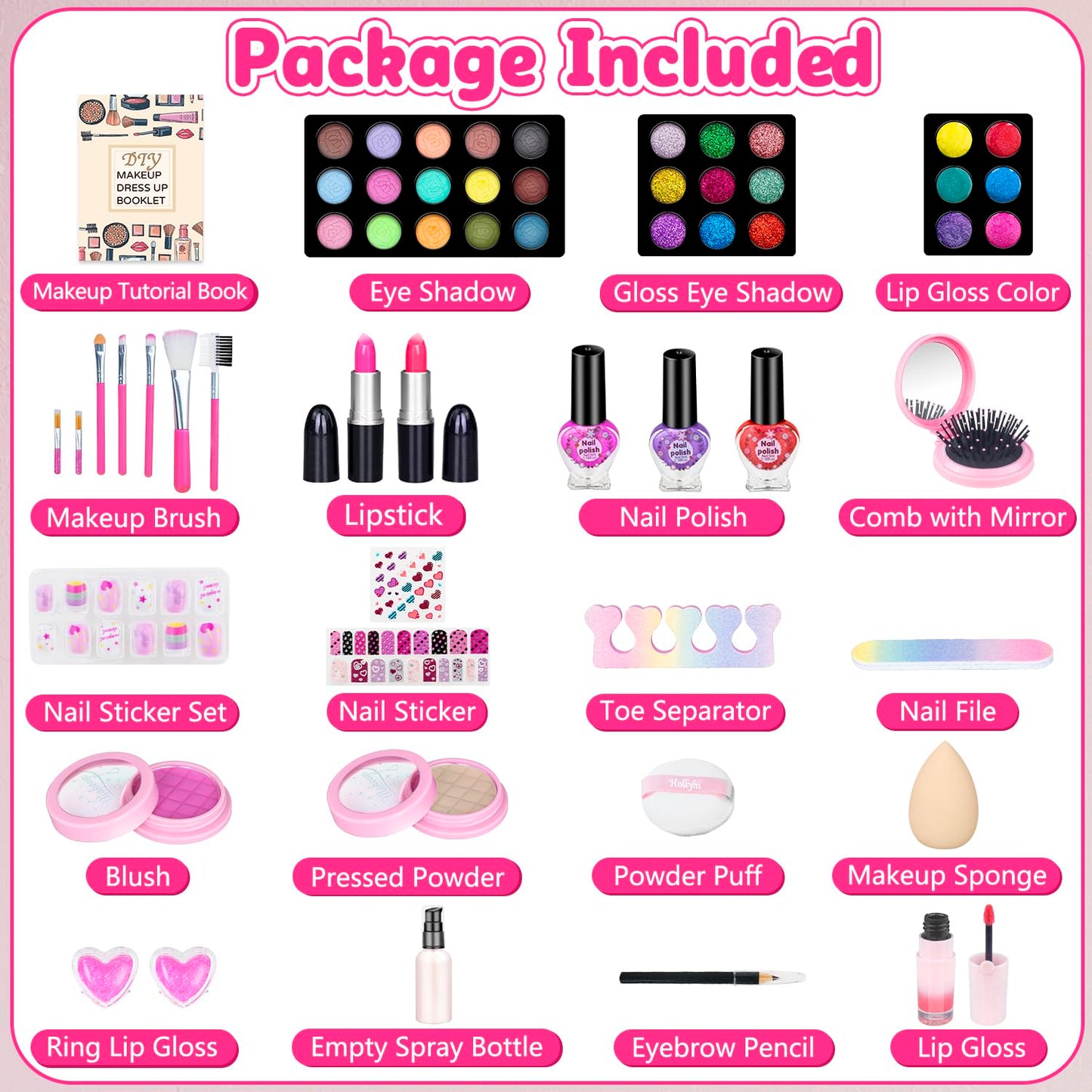 Hollyhi 59 Pcs Kids Makeup Kit – Washable Dress-Up Set for Girls 3–12 with Cosmetic Case