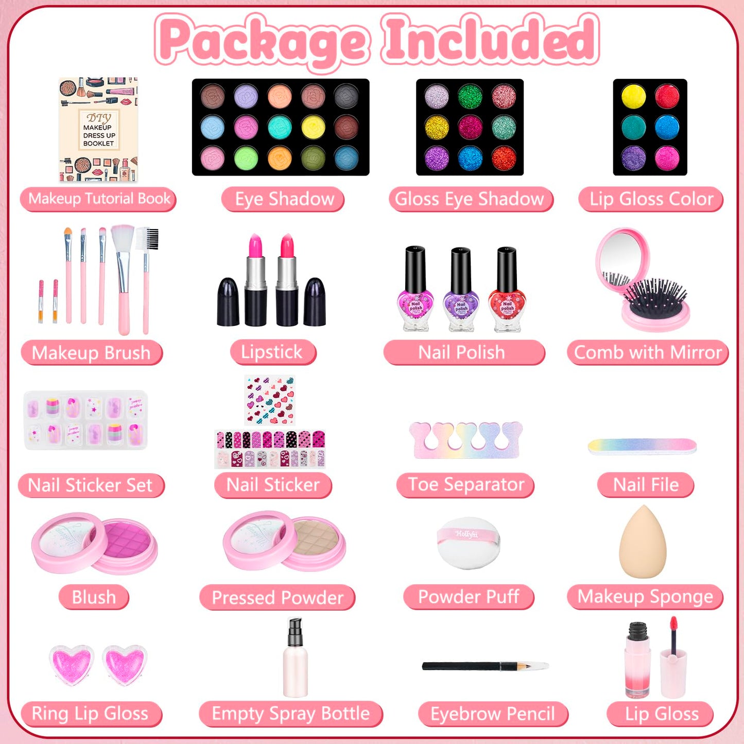 Hollyhi 59Pcs Kids Makeup Kit – Washable Dress-Up Vanity for Girls (Pink)