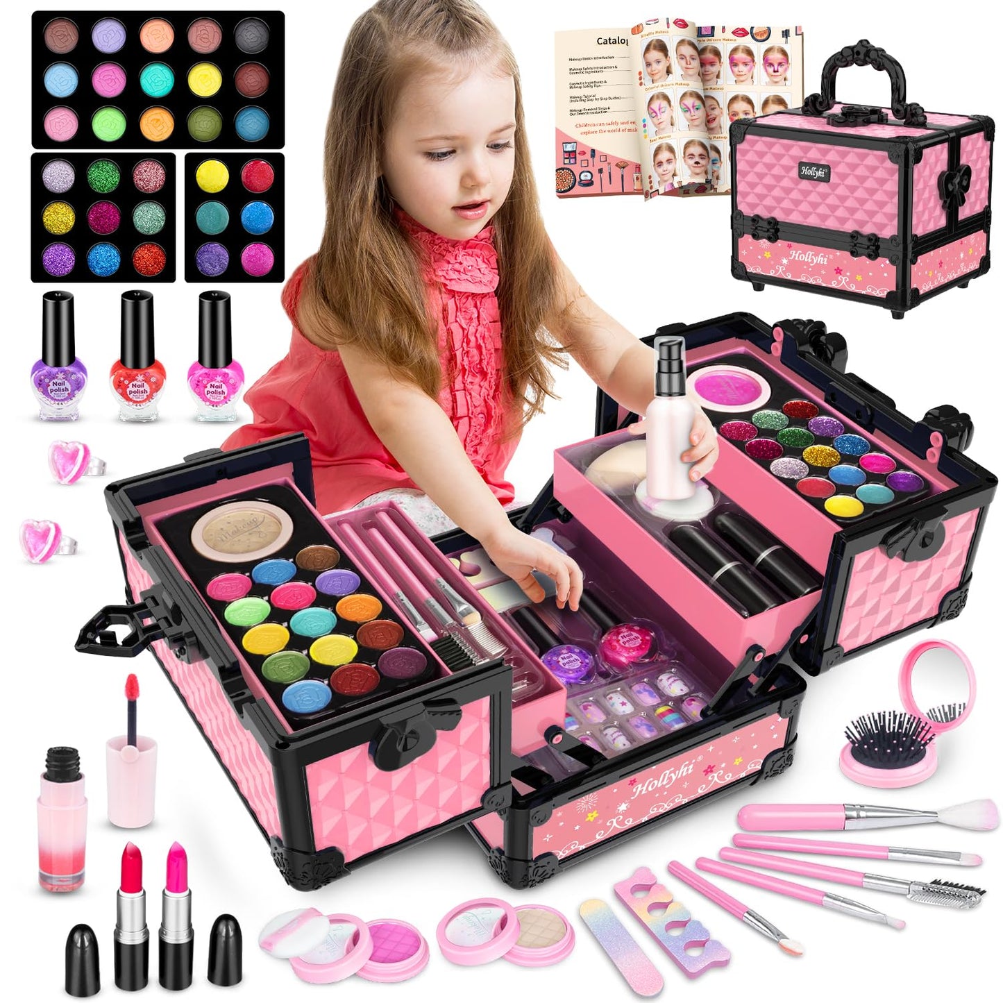 Hollyhi 59Pcs Kids Makeup Kit – Washable Dress-Up Vanity for Girls (Pink)