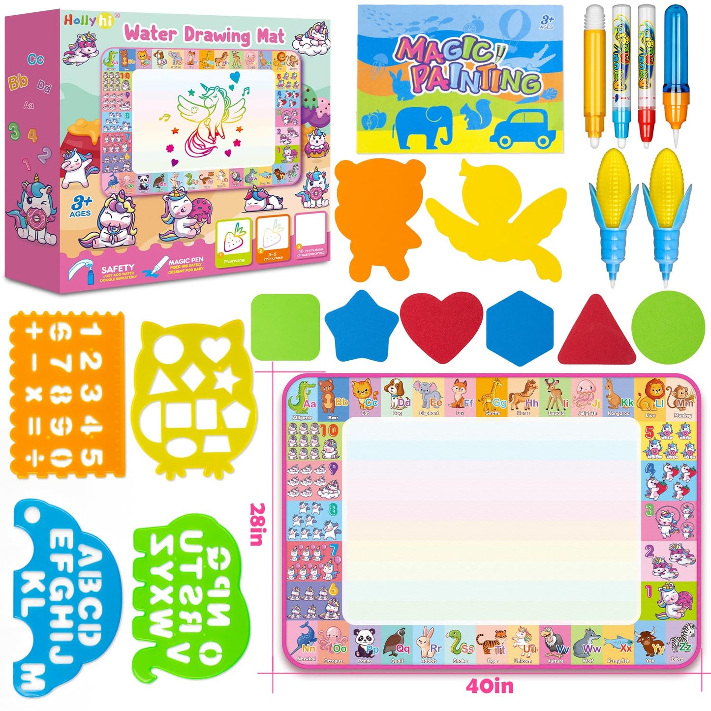 Hollyhi Aqua Water Doodle Mat – Large 40x28 Inch Water Drawing Mat for Kids | Mess-Free, Reusable