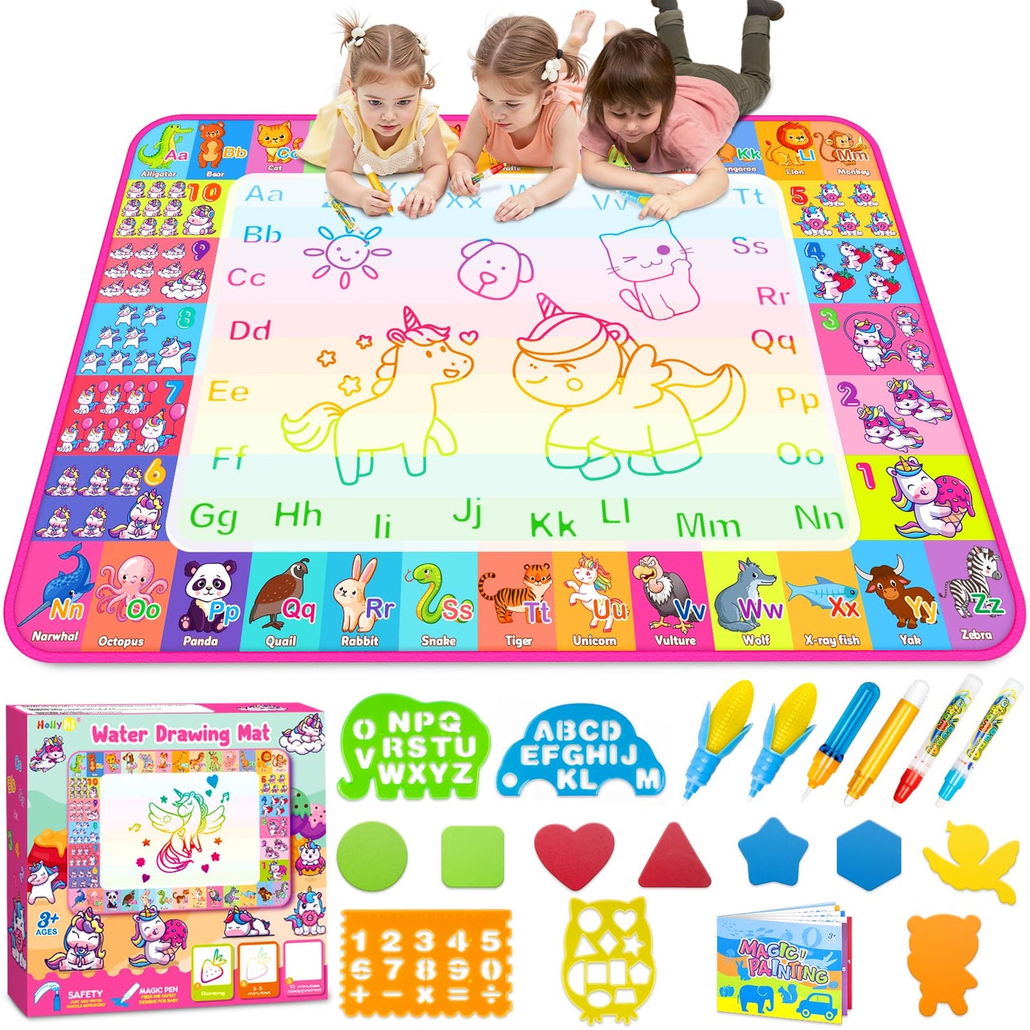 Hollyhi Aqua Water Doodle Mat – Large 40x28 Inch Water Drawing Mat for Kids | Mess-Free, Reusable