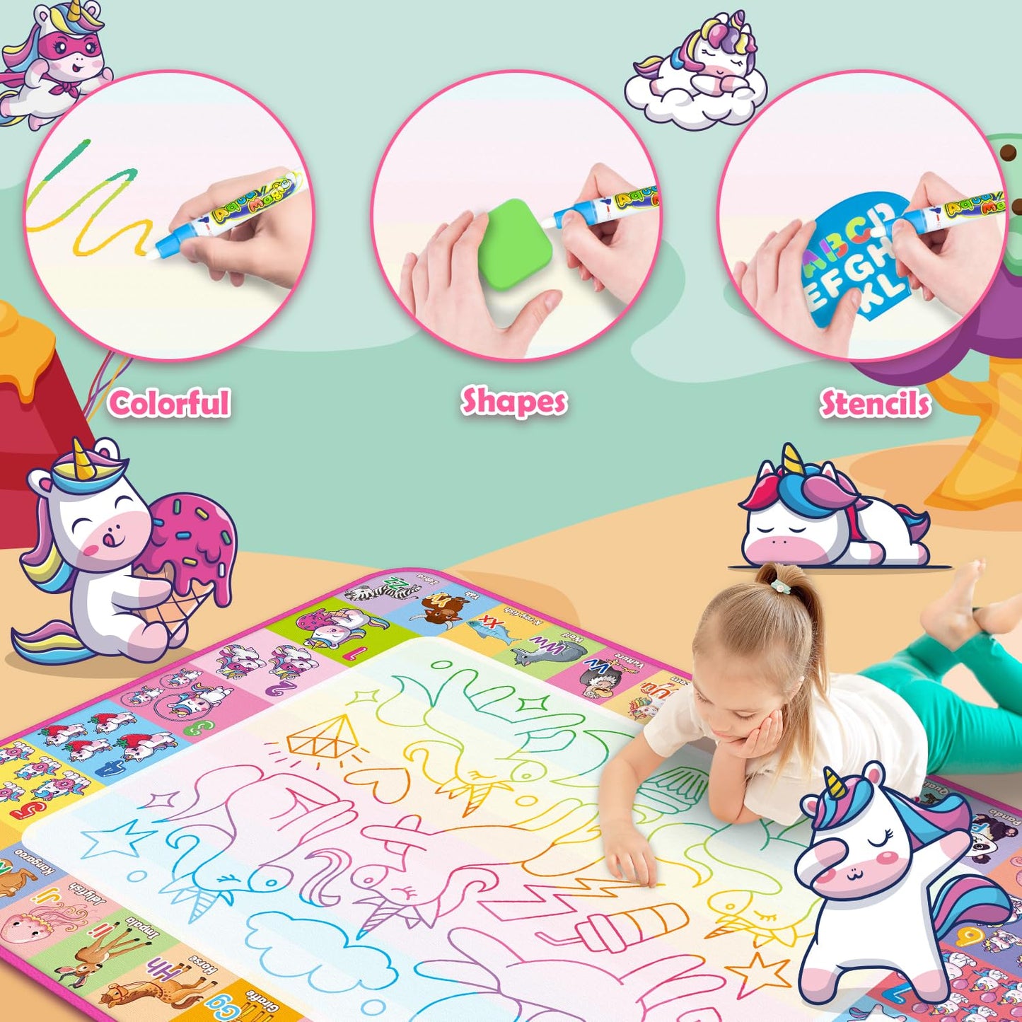 Hollyhi Aqua Water Doodle Mat – Large 40x28 Inch Water Drawing Mat for Kids | Mess-Free, Reusable