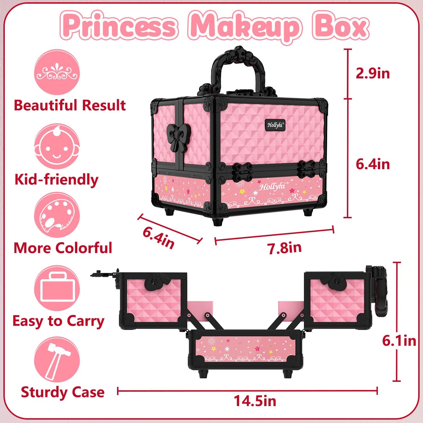 Hollyhi 59Pcs Kids Makeup Kit – Washable Dress-Up Vanity for Girls (Pink)