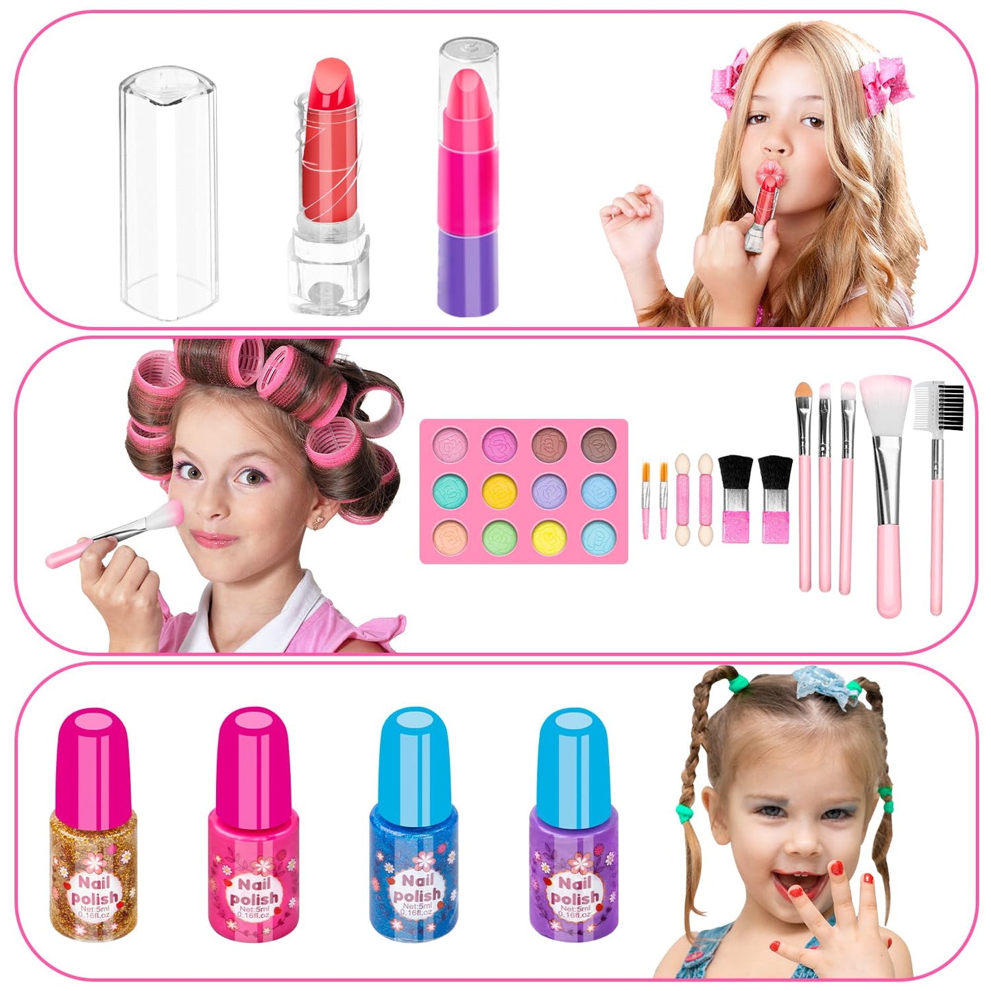 Hollyhi 58-Piece Kids Makeup Kit for Girls | Washable Cosmetic Set with Mirror (Pink)