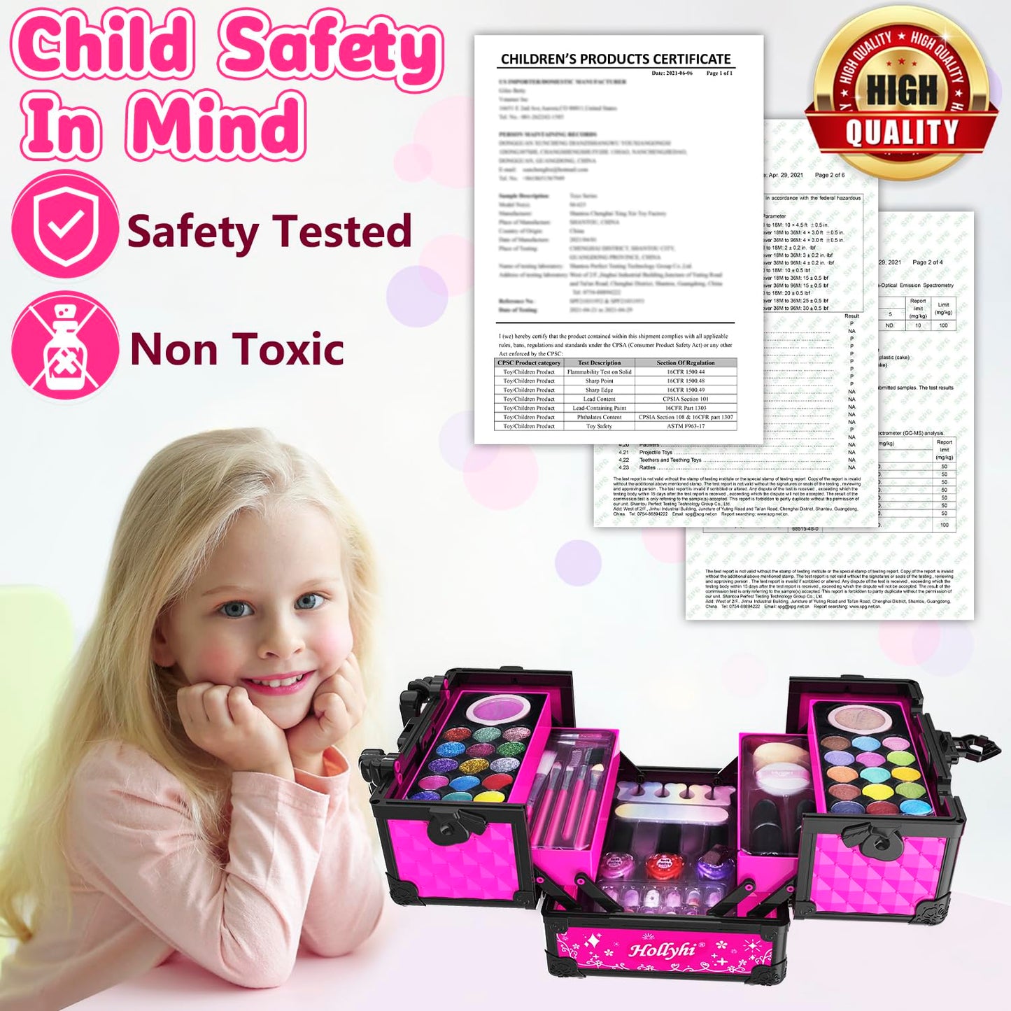 Hollyhi 59 Pcs Kids Makeup Kit – Washable Dress-Up Set for Girls 3–12 with Cosmetic Case